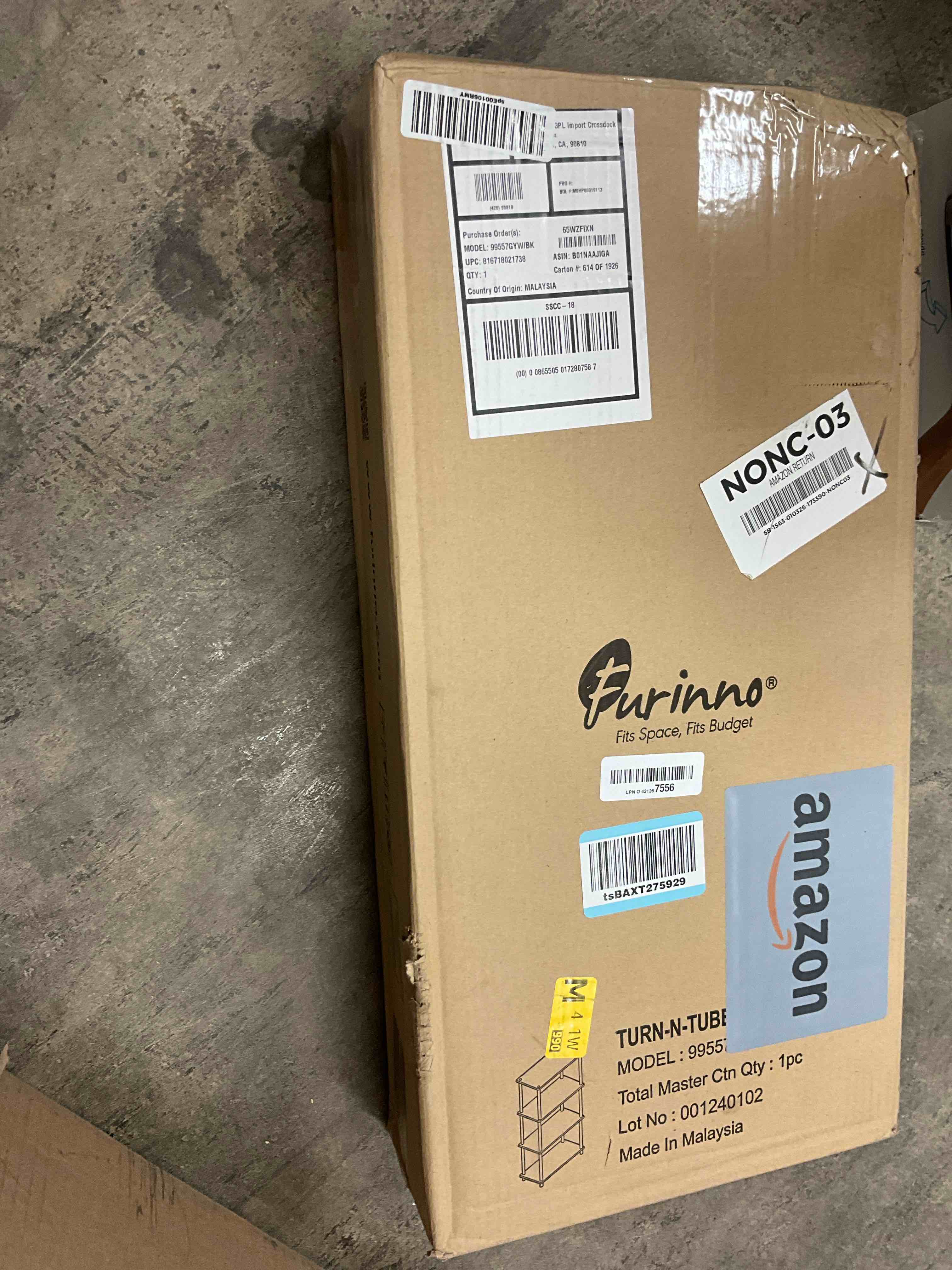 Condition photo showing New/Like New for Furinno (99557GYW/BK) Turn-N-Tube 4-Tier Multipurpose Shelf Display Rack - French Oak Grey/Black French Oak/Black 4-Tier Round Tube