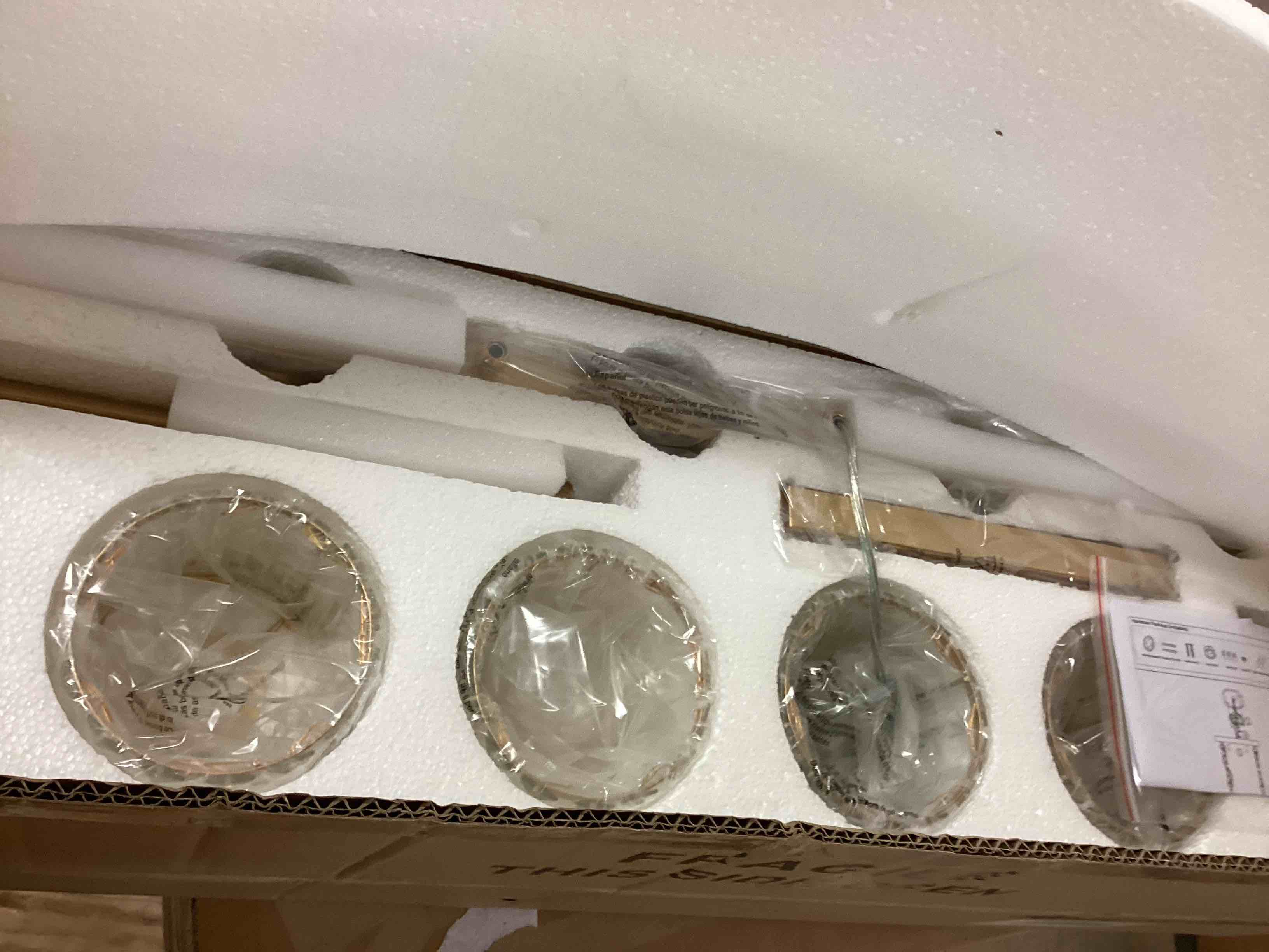 Condition photo showing New/Like New for 36" Brass Pendant Lights Kitchen Island, 5-Light Gold Dining Room Light Fixture over Table Brushed Gold Island Lights for Kitchen, Vintage Brass Linear Chandeliers for Dining Room, K9 Crystal Shades Brass Gold