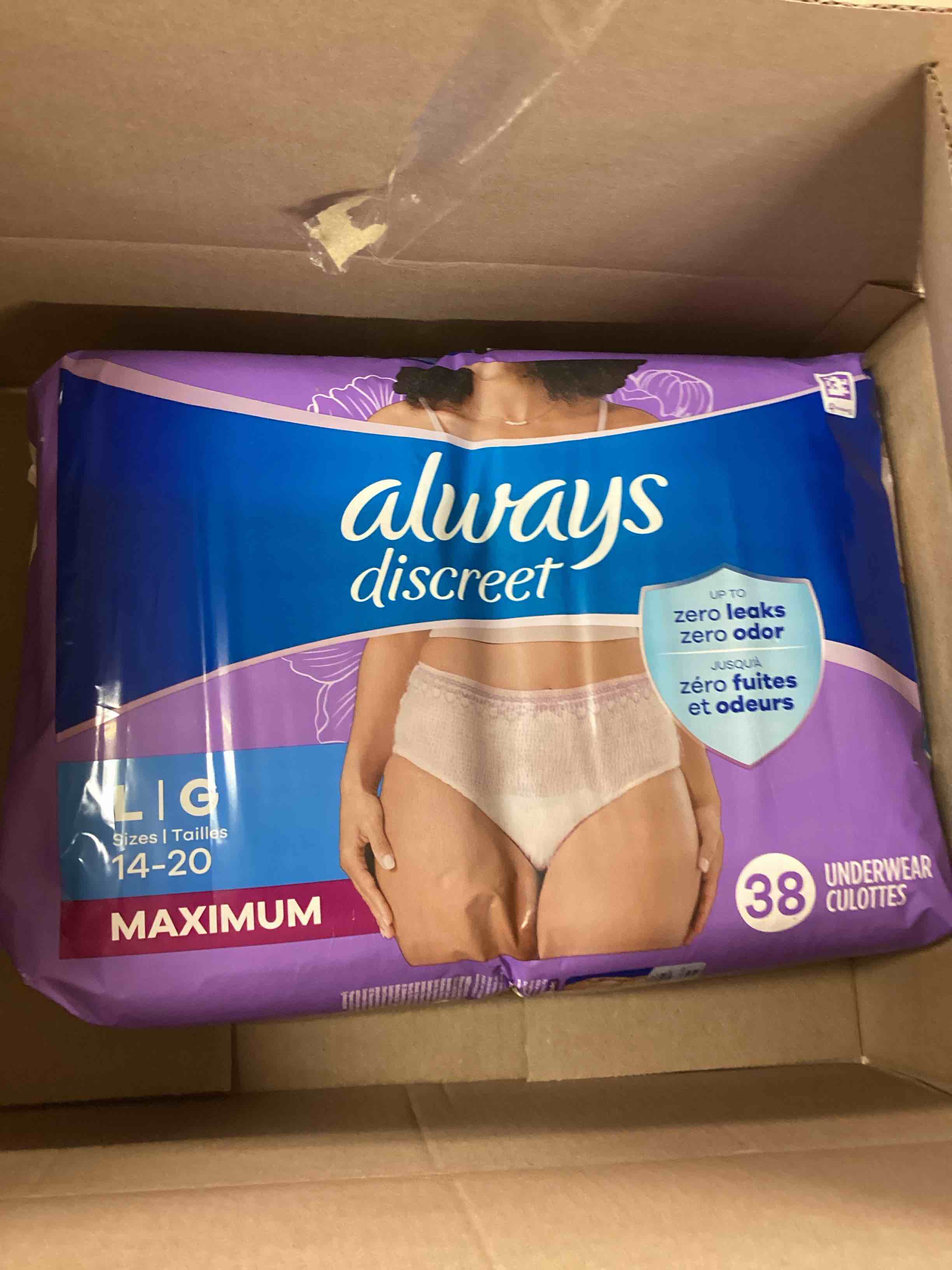 Condition photo showing New/Like New for Always Discreet Adult Incontinence Underwear for Women and Postpartum Underwear, Large, Up to 100% Bladder Leak Protection, 38 Count (1Packs of 38) Large
