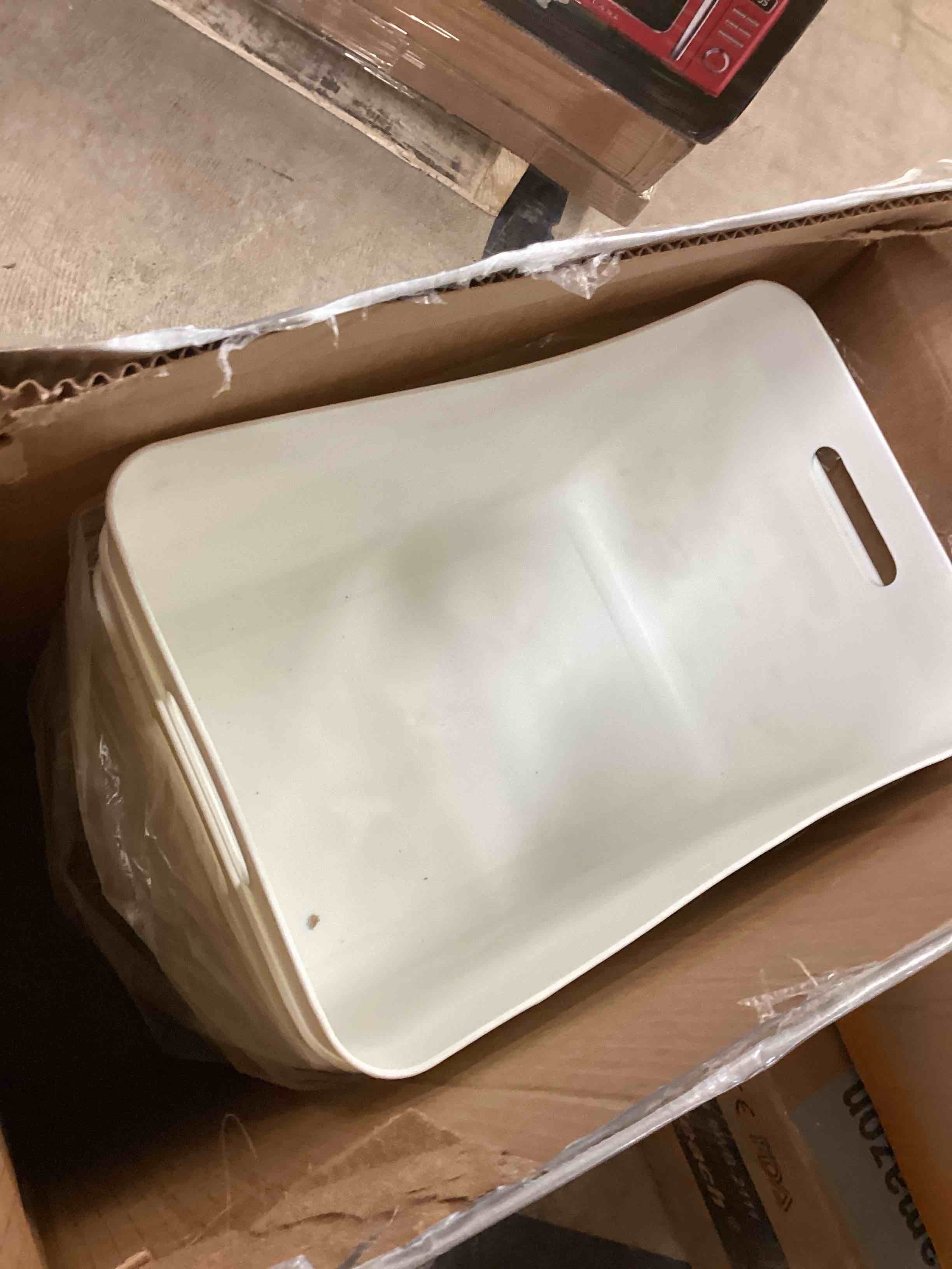 Condition photo showing Good Condition for 10 Pcs 14x10x9.5 Inch Plastic Storage Bins White Storage Box with Handle, Stackable Storage Containers Organization Baskets for Shelves Drawers Pantry Closet Classroom Bathroom