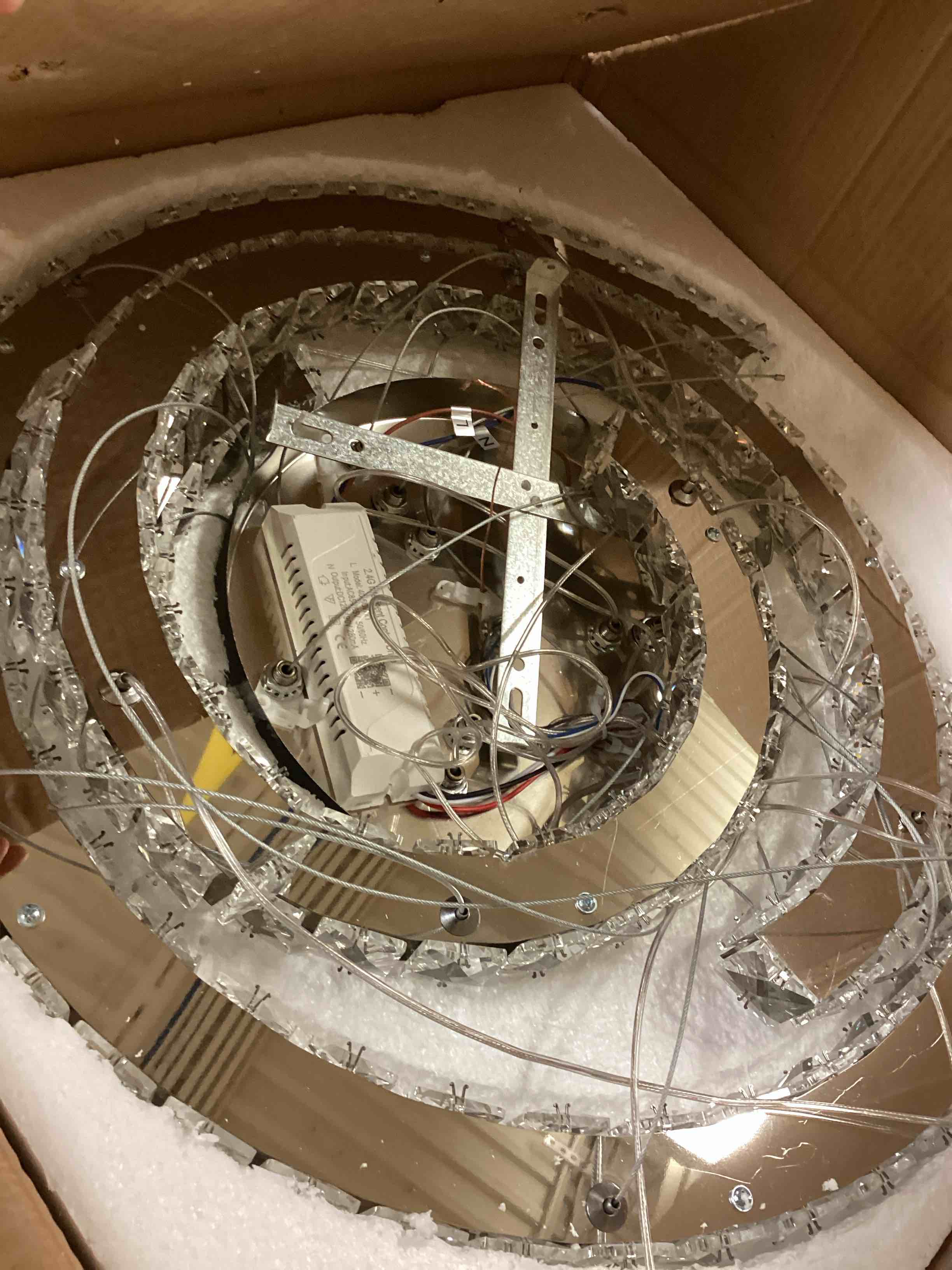 Condition photo showing As Is for Finktonglan Modern Chandeliers Dimmable, 3 Rings Crystal Chandeliers with Remote Control, Shape Adjustable, LED Linear Chandelier Pendant Island Light for Kitchen Dining Room Living Room, H47.2'' C shape-Dimmable