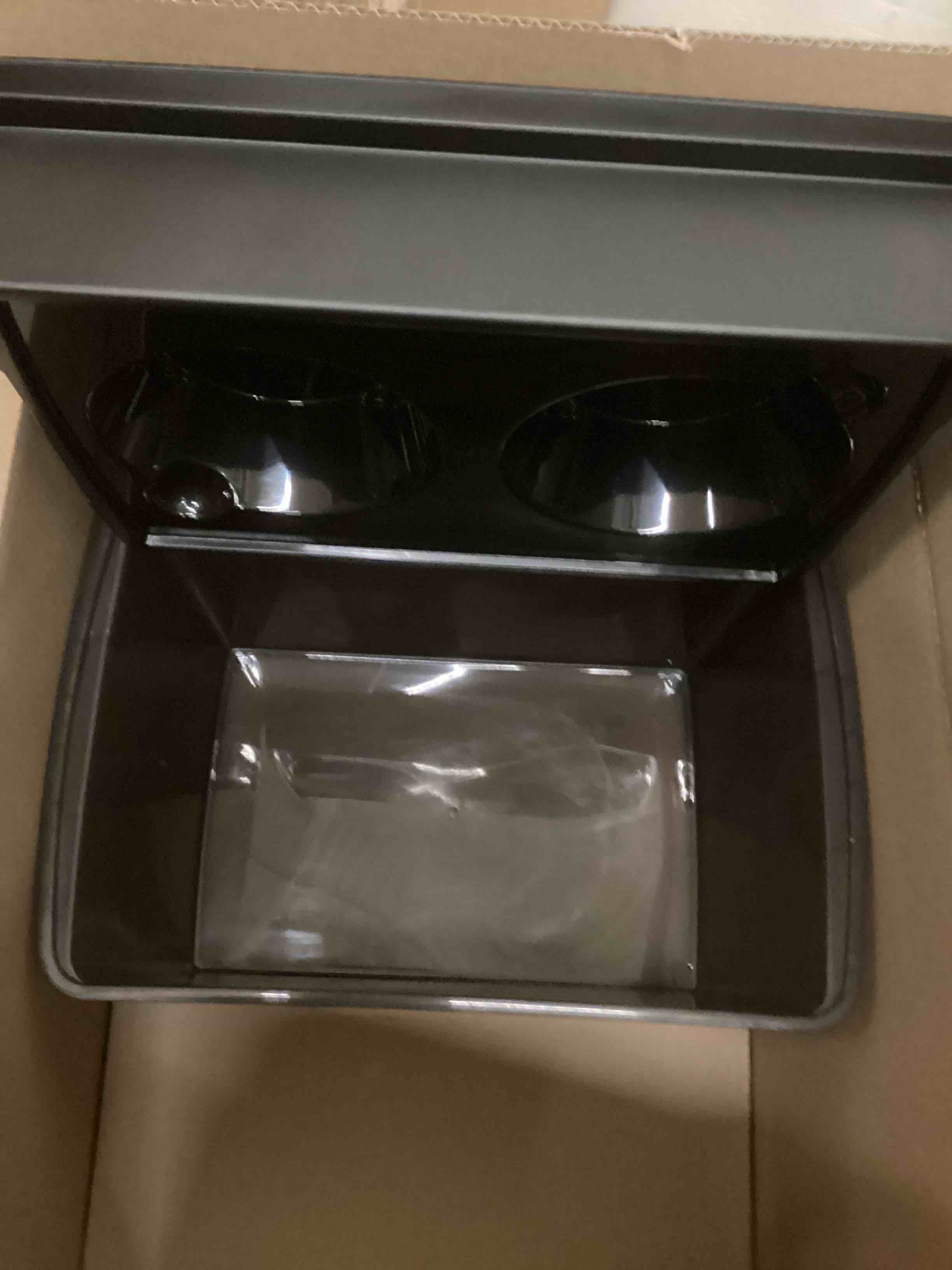Condition photo showing As Is for IRIS USA Elevated Dog Bowls, 15" H Raised Bowl for Large Dogs, Airtight Pet Food Storage Holds Up to 47 Lbs, 2 Removable 64 oz Stainless Steel Bowls, at Home or Camping, Smoke/Black Large - 15"H w/ 2 Bowls Smoke