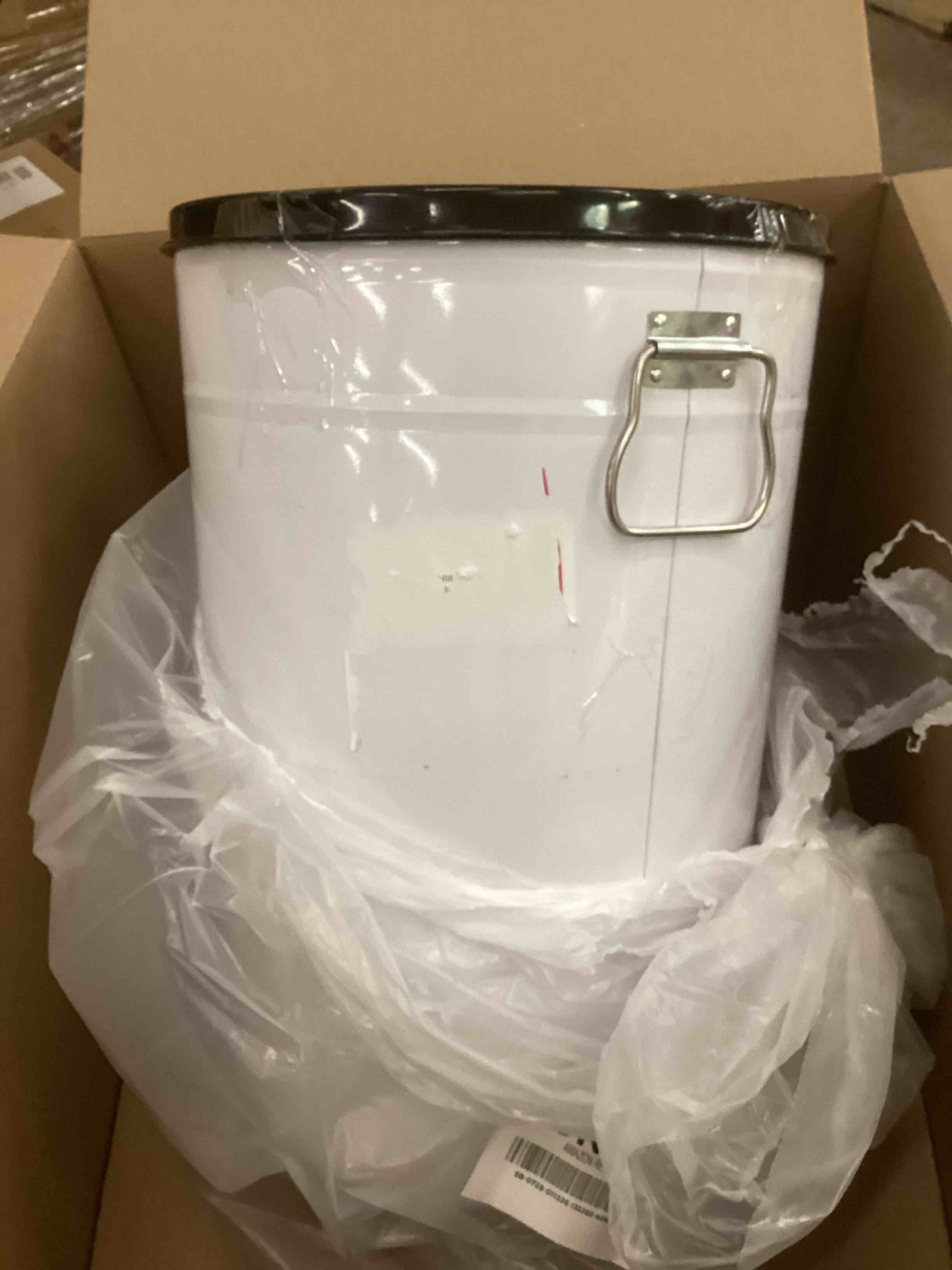 Condition photo showing Good Condition for Harry Barker Bon Chien Dog Food Storage Canister – Small 3.5 gallons, Airtight Stainless Steel Pet Food Container, Stylish Kitchen Counter Dog Kibble Storage with Easy-Open Lid - White 10lb Capacity (Black & White)
