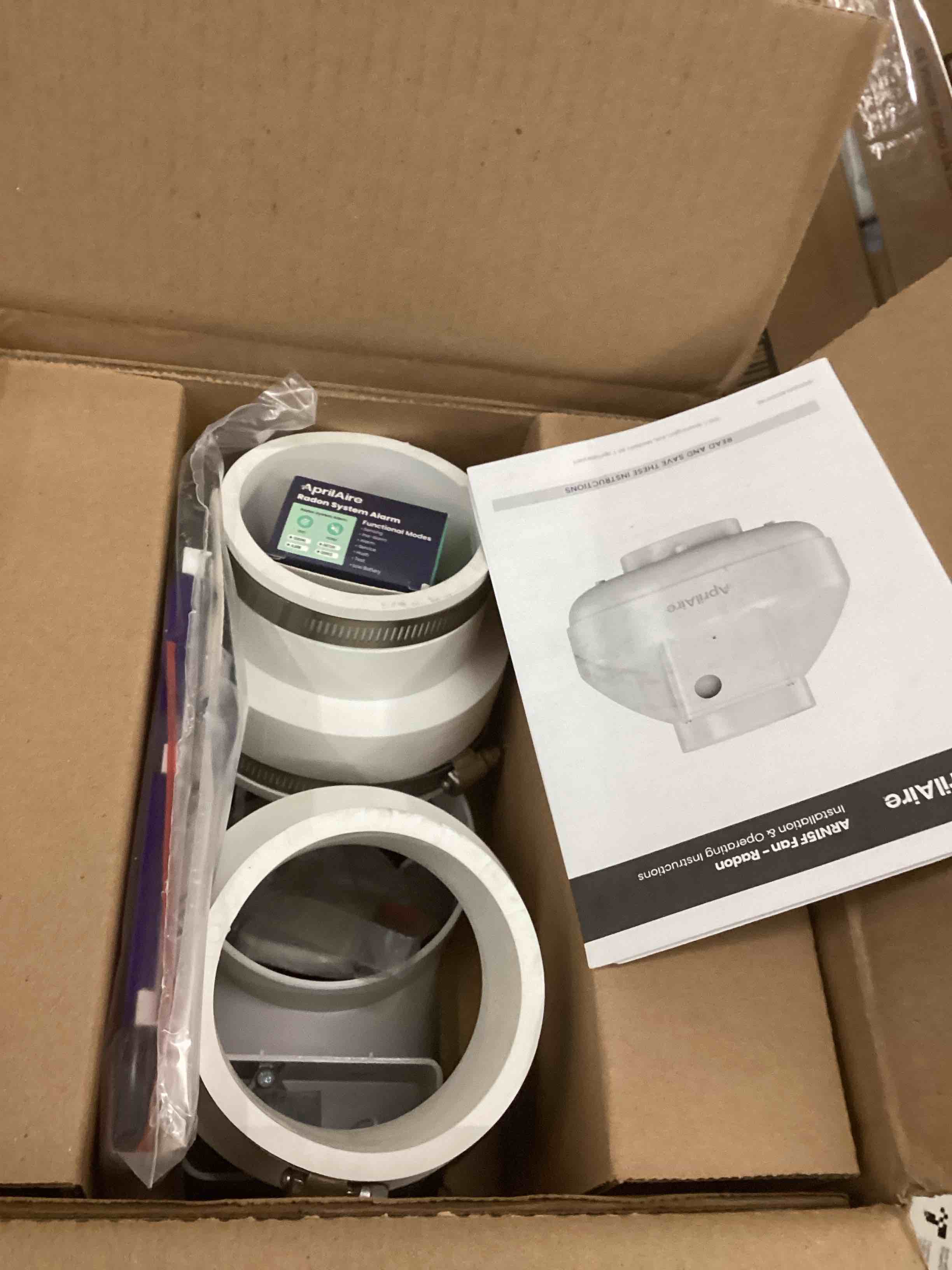 Condition photo showing New/Like New for Aprilaire ARN25K Radon Mitigation Kit, 1500 and 2500 Sq. Ft., Basement, Crawlspace, Slab Application, Quiet Performance, Indoor/Outdoor, Commercial/Residential, Manometer, System Alarm Radon Mitigation Kit Up to 2,500 Sq. Ft.