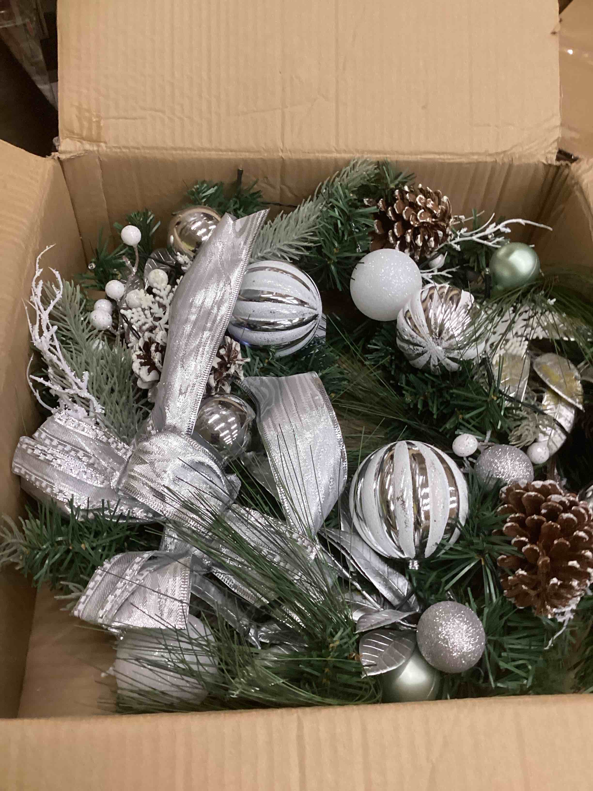 Condition photo showing New/Like New for 18 Inch Christmas Wreaths for Front Door, Lighted Outdoor Christmas Wreath with 40 LED Lights Timer Pine Cones for Window Fireplace Winter Xmas Decorations, Battery Operated ,white