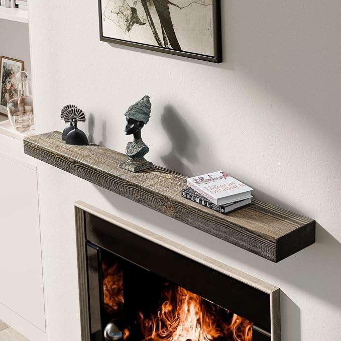 BoscoMondo Solid Wood Fireplace Mantel Shelf, Floating Mantle for Living Room, Farmhouse Rustic Wood Mantel, Easy Wall Mount with Heavy-Duty Metal Bracket (66", Olive)