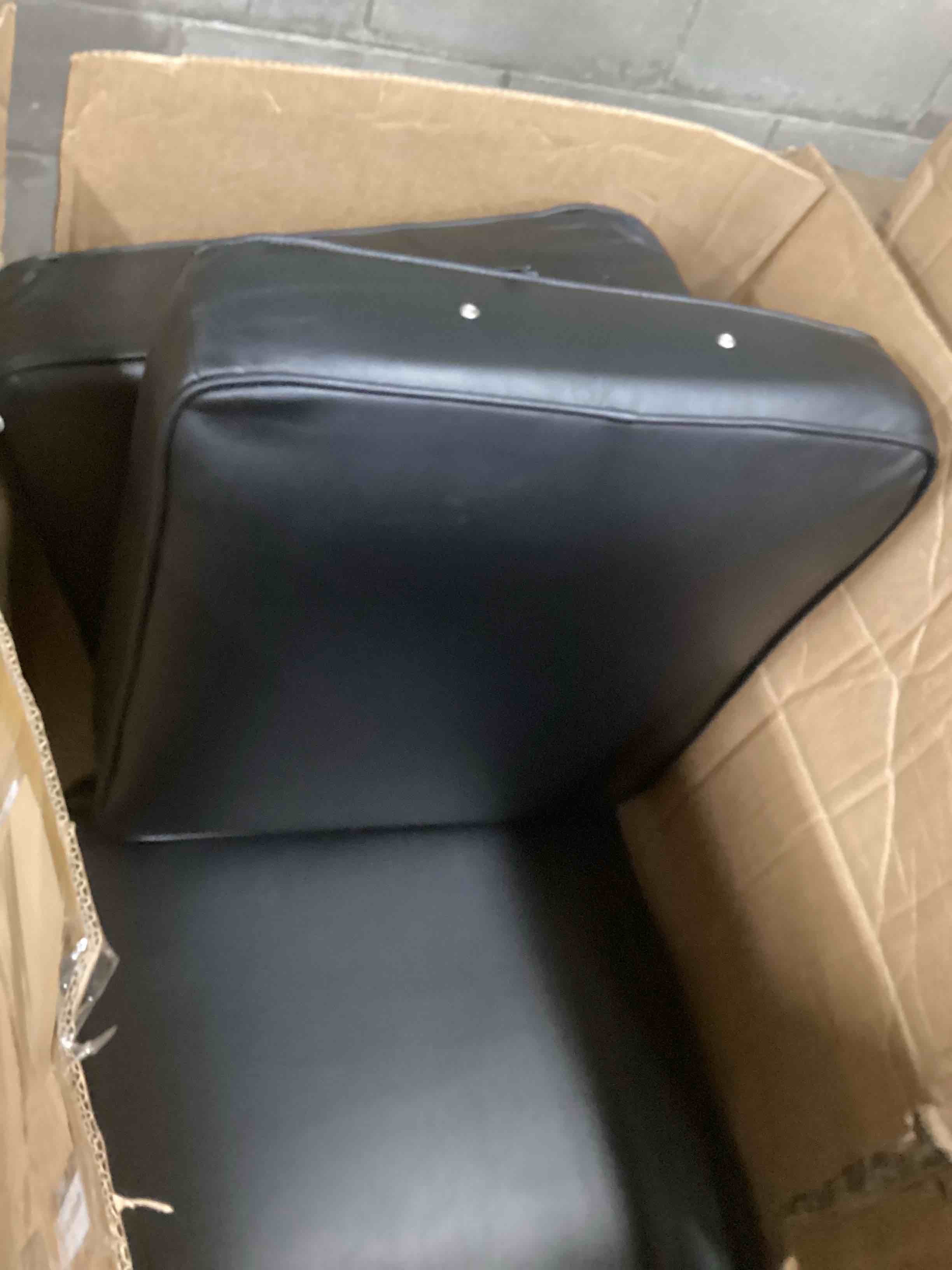 Condition photo showing As Is for  (incomplete box only 3 cushions seat ) Signature Design by Ashley Shadsburne Rustic Faux Leather Sofa with Nailhead Trim and 2 Chenille Throw Pillows, Pillows With Soft Polyfill, Reinforced Frame For Added Stability, Black