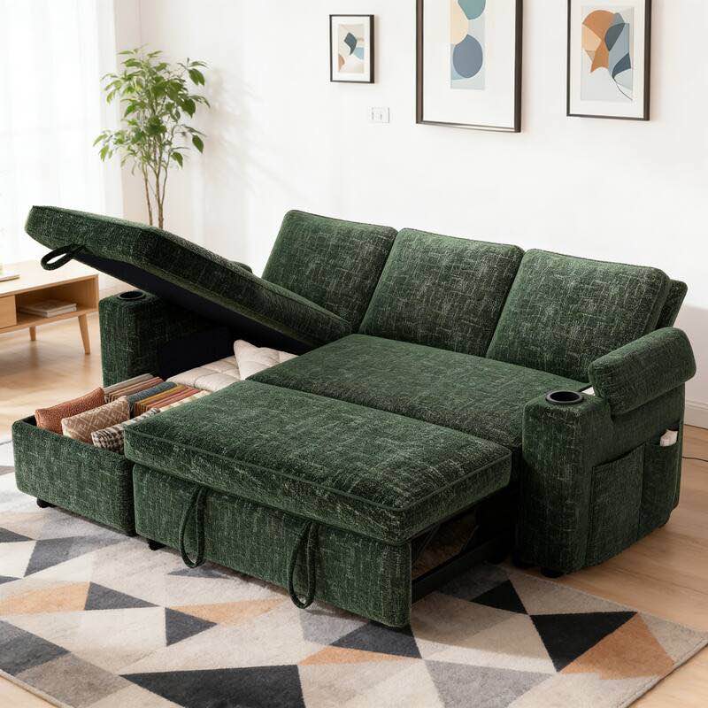 Dyonery - Sectional Sleeper Sofa with Pull Out Couch,Chenille Couch with Storage Chaise & USB Charging, L Shaped Modular Couches - Green (incomplete box 2/2 only ) 