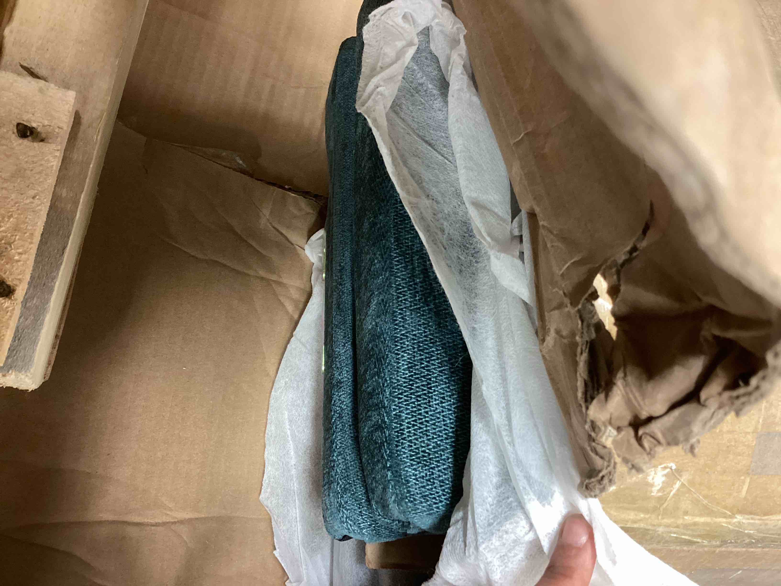 Condition photo showing As Is for (Blue-Green incomplete just one box only) Upholstered Platform Bed with Built-in Nightstands, King Size Bed Frame with Chenille Headboard and Adjustable Lighting, No Box Spring Required, Space-Saving Bedroom Combo