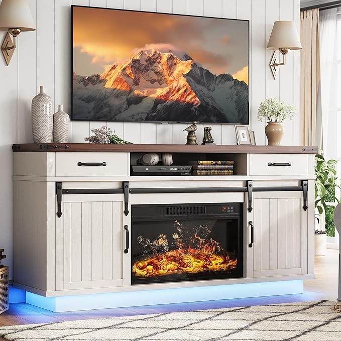 59'' fireplace tv stand with 3d flame electric fireplace heater, 34'' tall farmhouse tv stand for 65 inch tv, entertainment center tv console with 2 drawers, sliding barn door for living room - white ( incomplete one box of two only)
