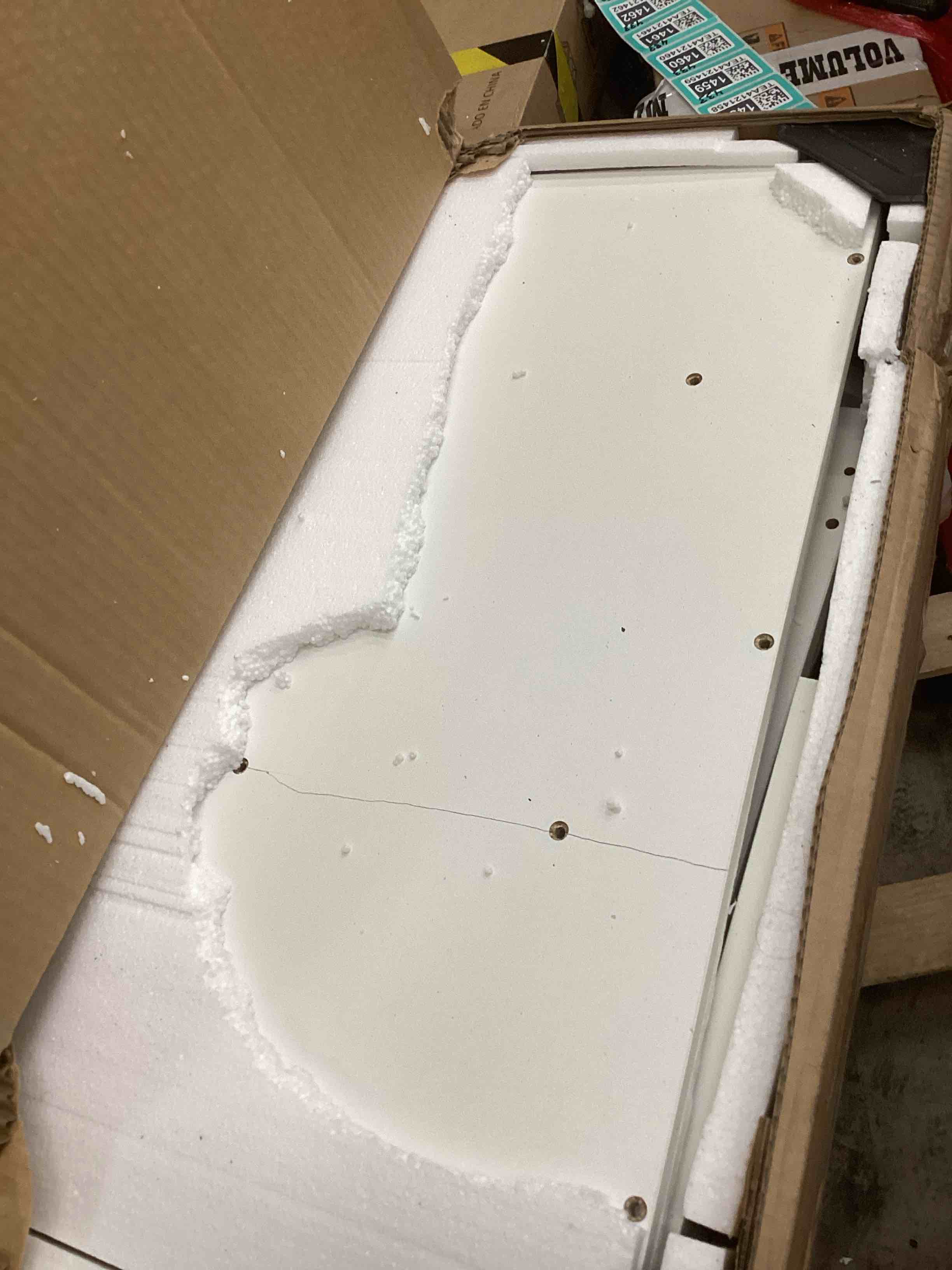 Condition photo showing As Is for Farmhouse Makeup Vanity with Lighted Mirror, 45.3'' Vanity Desk with Charging Station, 5 Drawers & Open Shelves, Vanity Table Makeup Desk with 1 Cabinet & 9 Hooks for Bedroom (White)