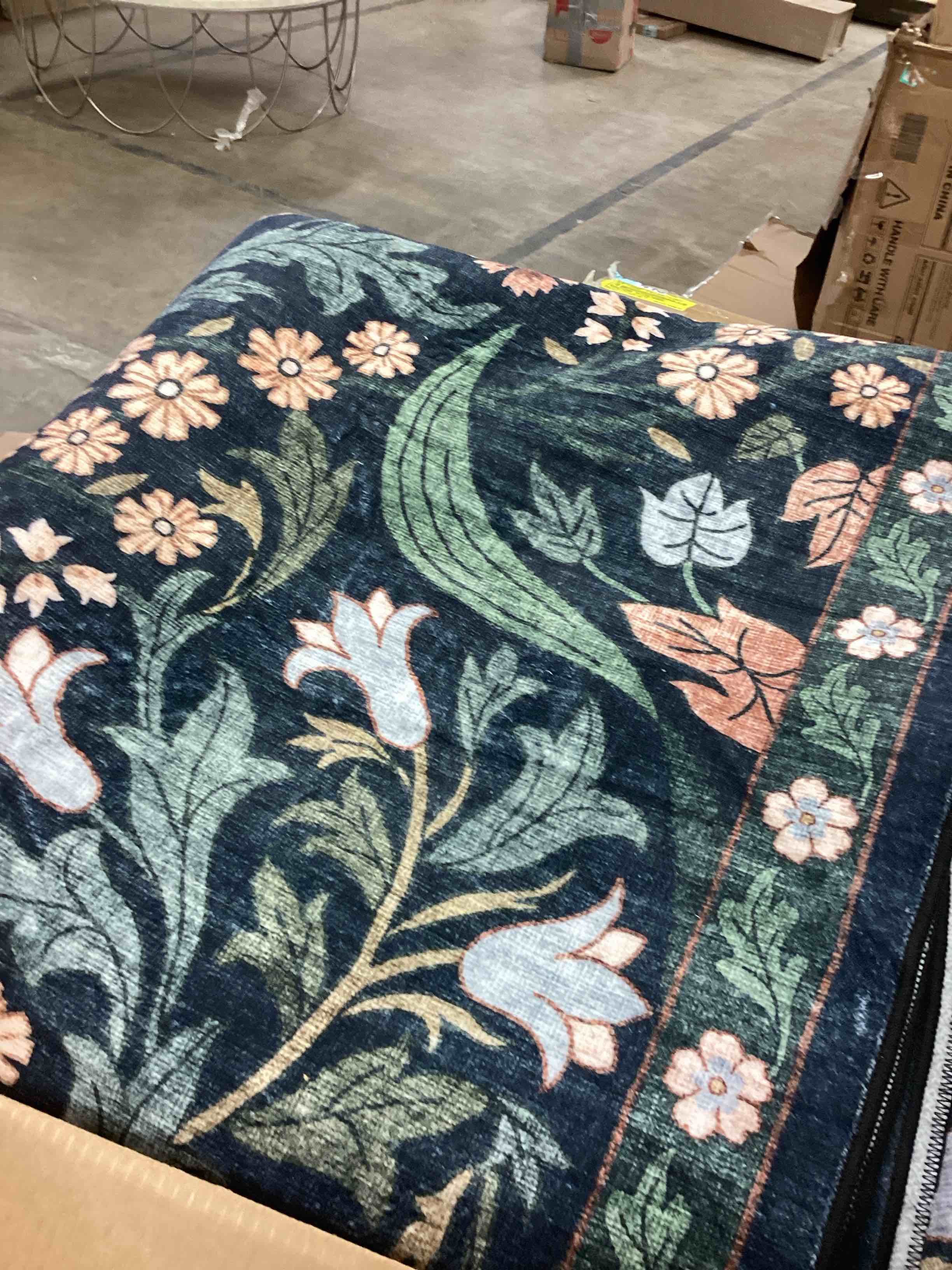 Condition photo showing Good Condition for 6x9 Washable Area Rug for Living Room, Floral Non-Slip Non-Shedding & Easy Care, Soft Low Pile Botanical Indoor Floor Carpet for Living Room, Bedroom, Farmhouse, Dining Room, Kids Playroom, Black