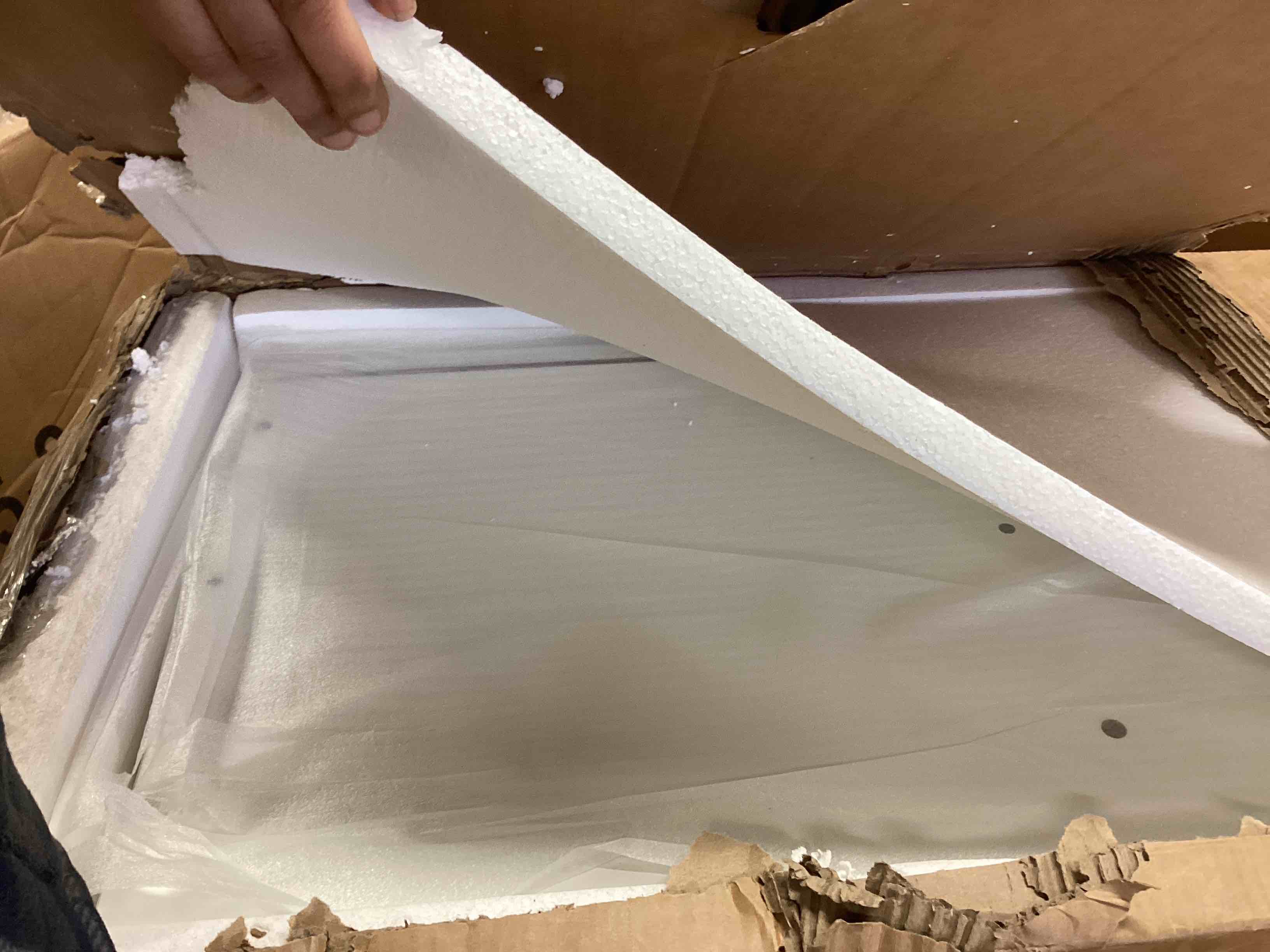 Condition photo showing As Is for Tribesigns 85.8-Inch L-Shaped Executive Desk with File Drawers, Door Cabinet & Shelves, Extra Large Commercial Office Desk, Modern Professional Office Table, White & Brown Business Furniture (incomplete box A only) 