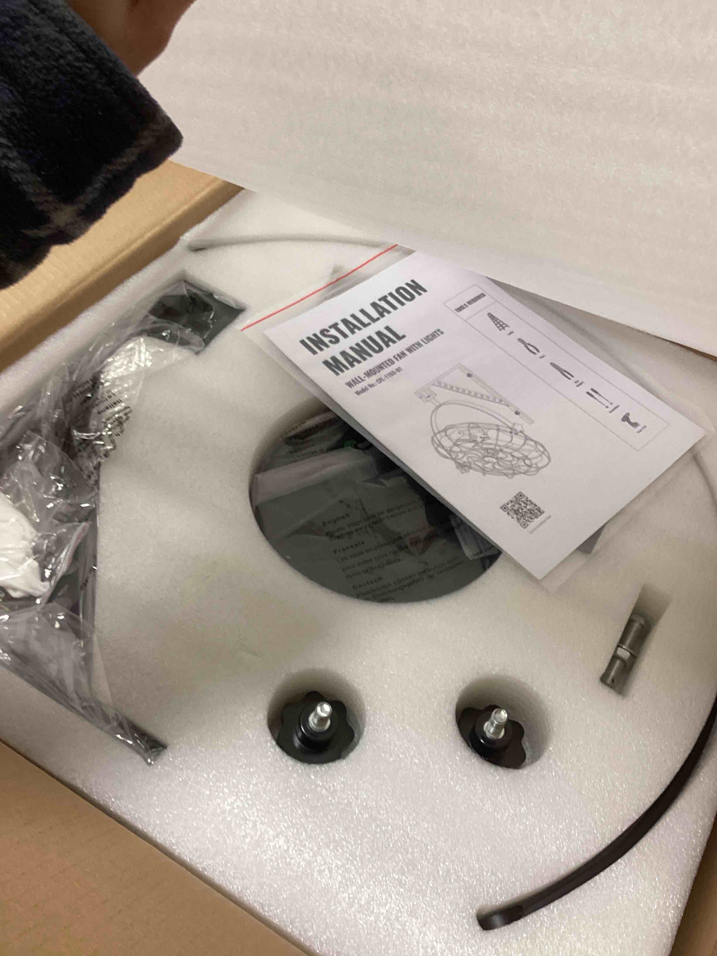 Condition photo showing Good Condition for Wall Mount Fan with Remote?6-Speed Ultra-Quiet (35dB) 360° Manual-Adjustable Fan, Plug-in Ceiling/Wall Dual Mount for Bedroom/Garage/Workshop