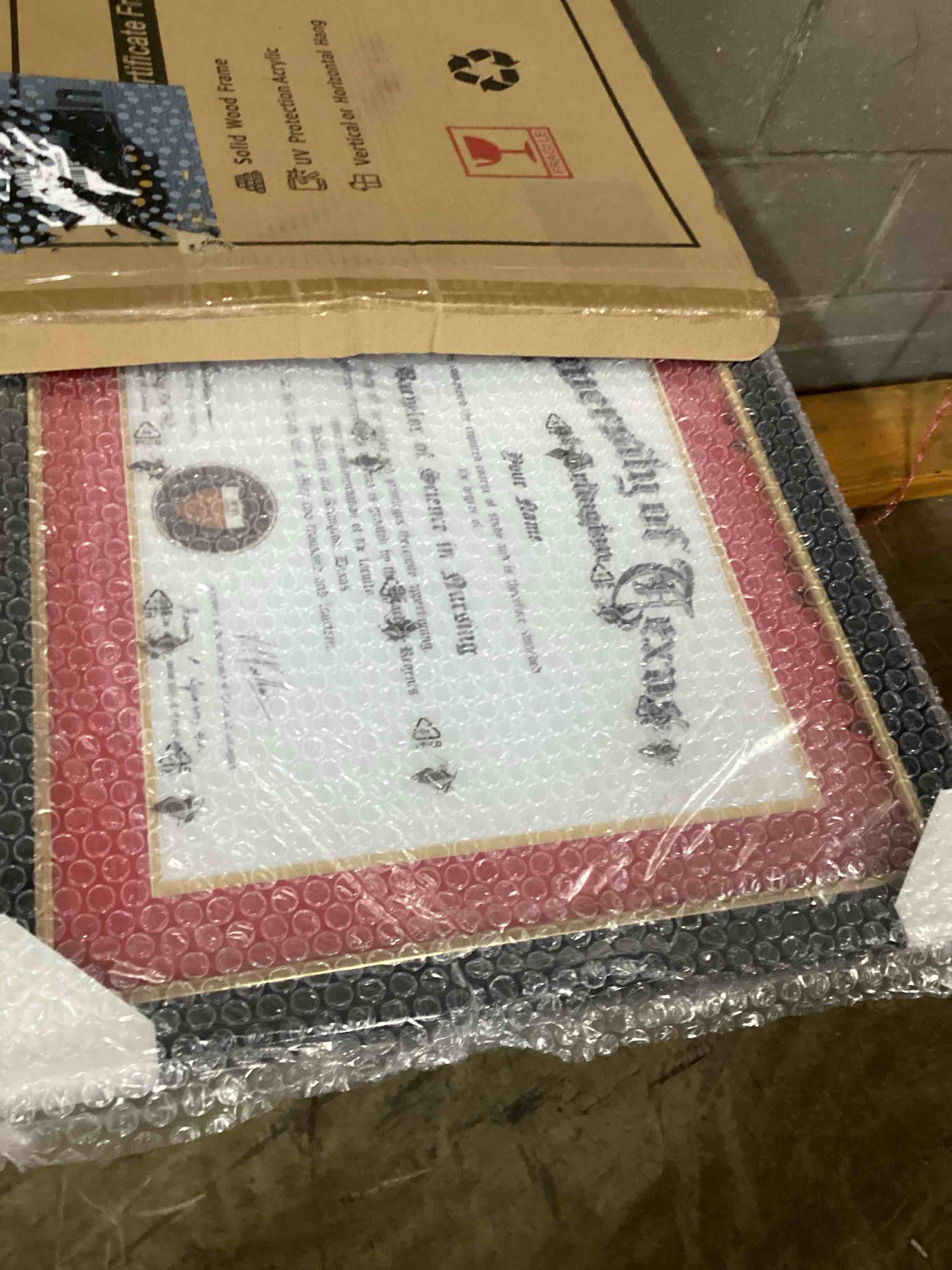 Condition photo showing Good Condition for 11x14 Wood Diploma Frame with Red Mat or Display 14x17 Certificates without Mat,UV Protection Acrylic,Rustic Black Finish with Gold Trim Rustic Black / Red Gold Mat 14x17 or 11x14 with Mat