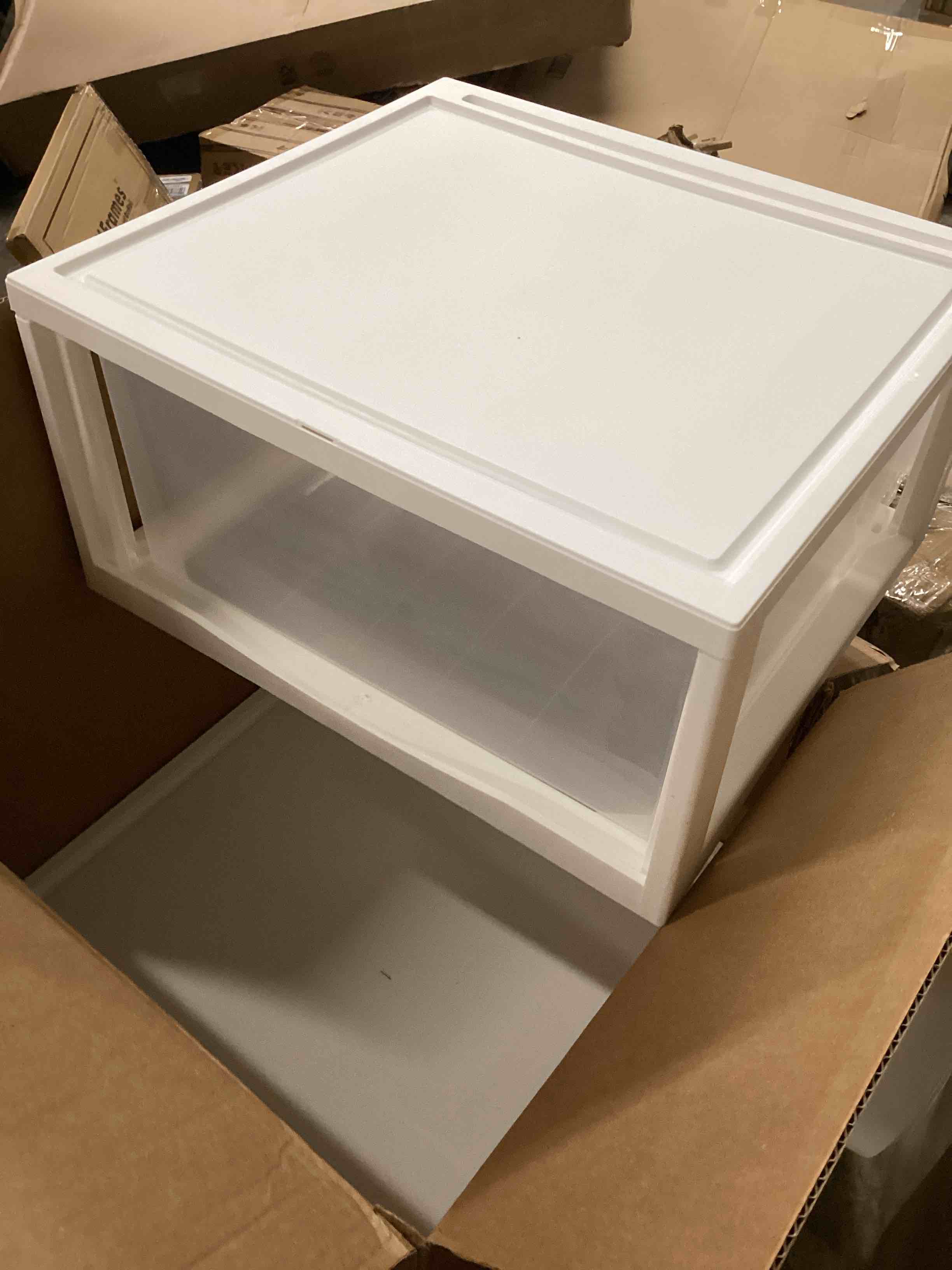 Condition photo showing As Is for IRIS USA 47 Qt. Extra-Large Stackable Storage Drawer Plastic Drawer Organizer with Clear Doors, for Pantry Bedroom Closet Kitchen Under-Sink Home and Office De-Clutter Shoes and Crafts, White, 2-Pack 2 Pack 47 Qt.