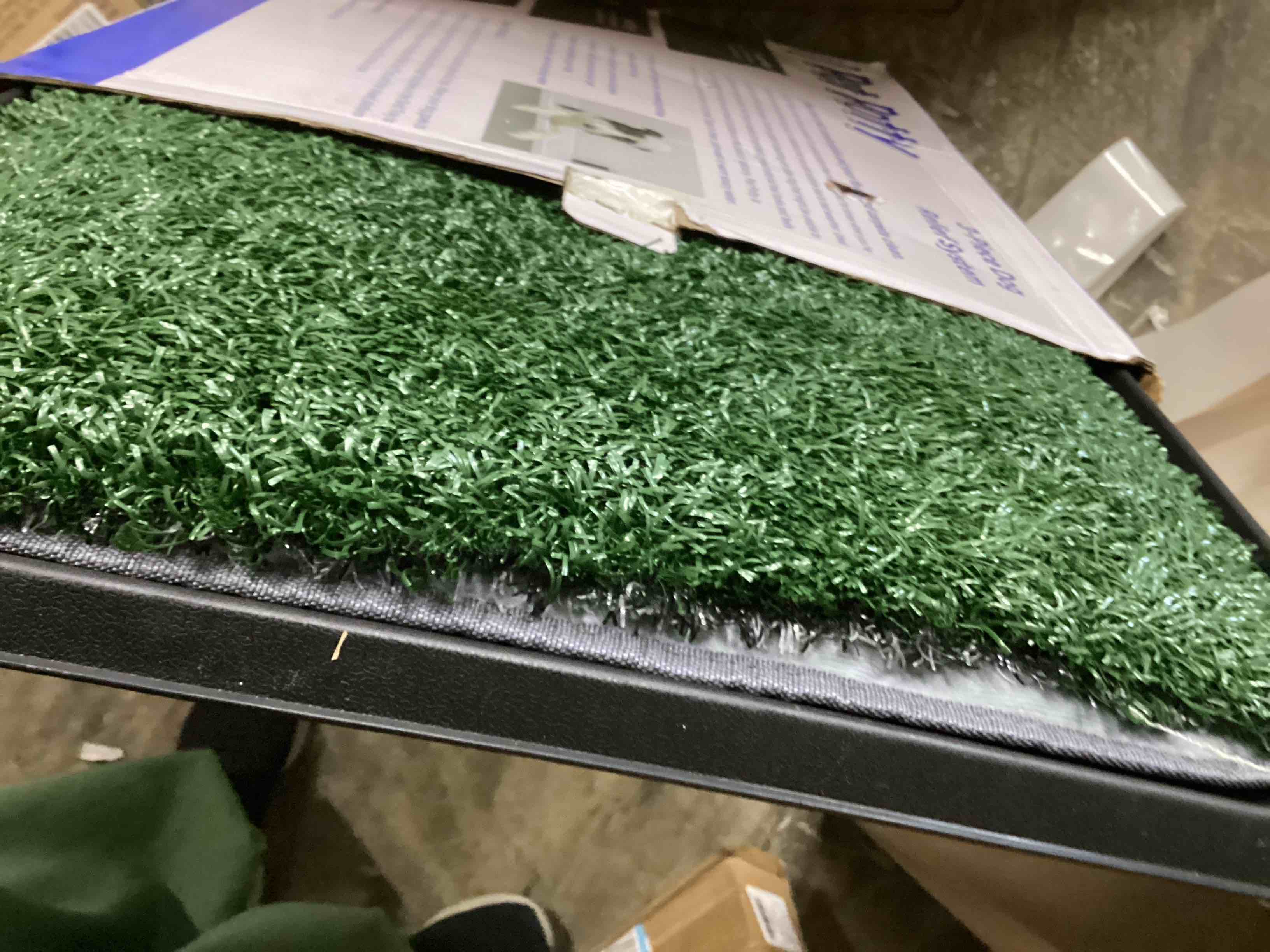 Condition photo showing As Is for Dog Grass Pad with Tray 25"X20" - Artificial Turf Pet Potty for Apartment Balcony/Patio, Portable Fake Grass Litter Box for Dogs Training, Indoor/Outdoor Reusable Washable Pee Mat 25"×20"