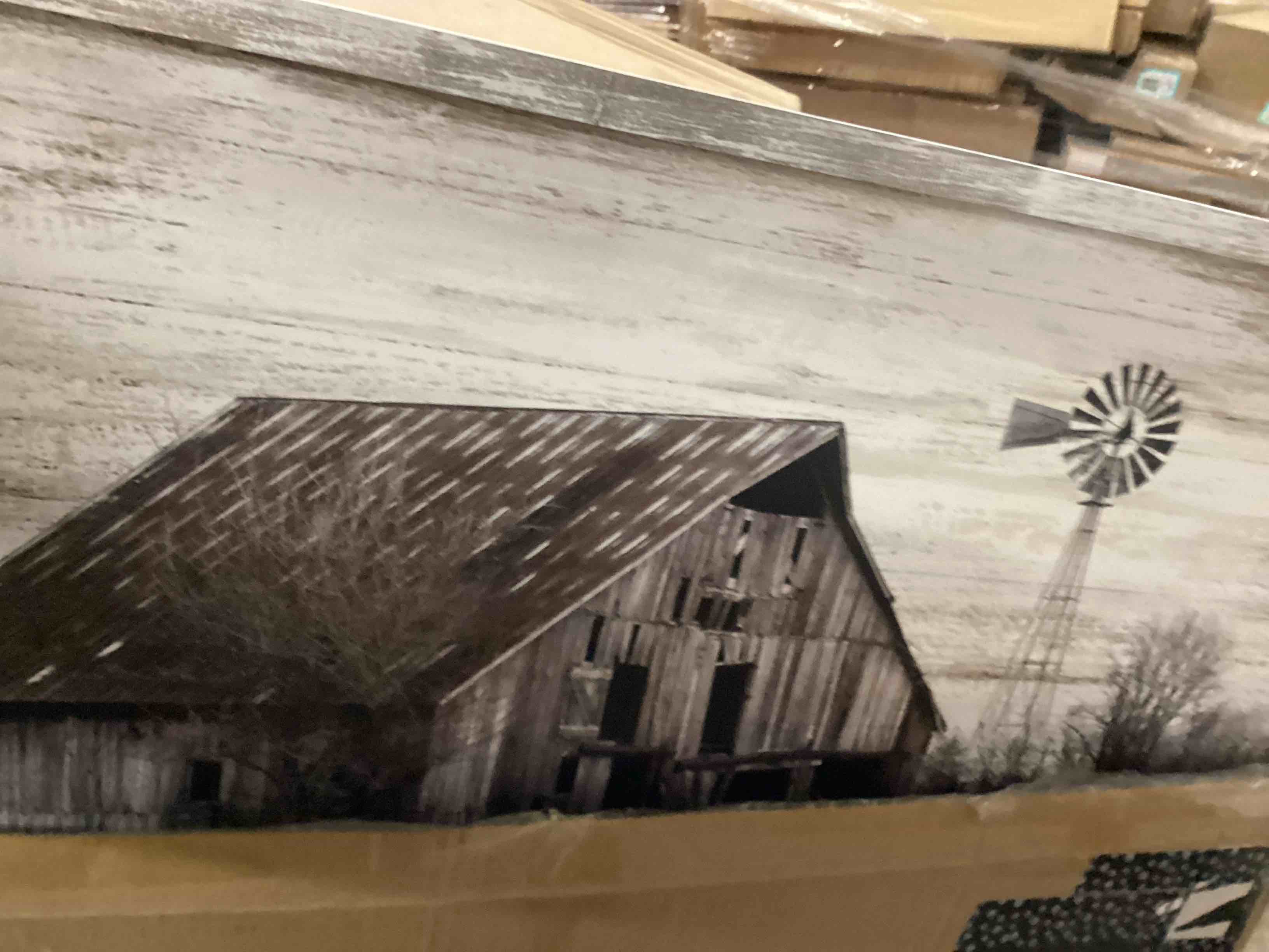 Condition photo showing Good Condition for Farmhouse Picture Framed Wall Art: Rustic Old Barn Wood Print Vintage Windmill Picture Quiet Brown Rural Office Artwork Country Landscape Farm Painting Ready to Hang for Living Room Bedroom