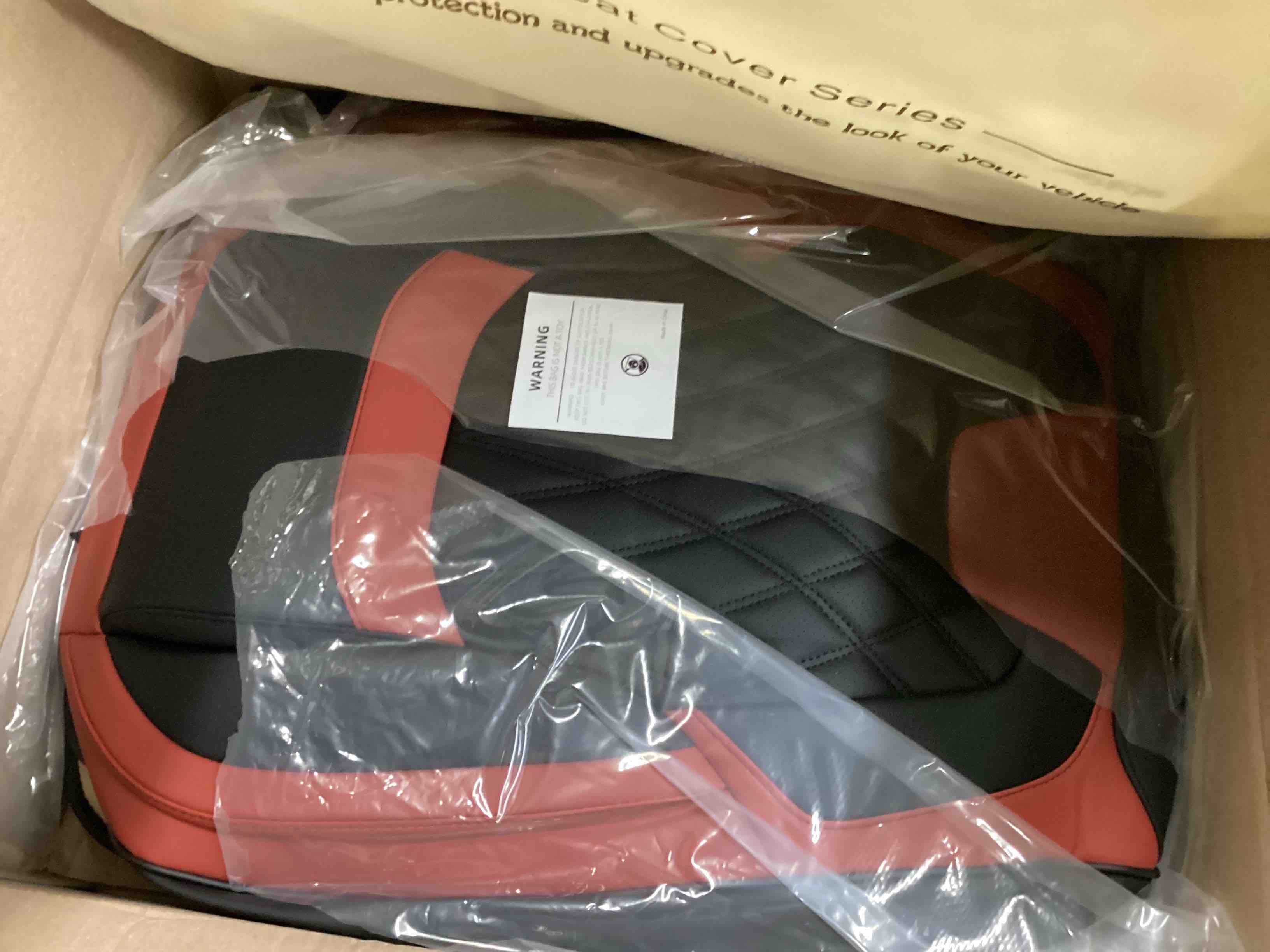 Condition photo showing Good Condition for FREESOO Black Red Car Seat Covers Full Set - Faux Nappa Leather Seat Covers for Cars, Breathable Waterproof Front Seats with Lumbar Support and Rear Seat Cover, Fit for Automotive Sedans SUVs Pickups Black-Red Full Set - 5 Seats