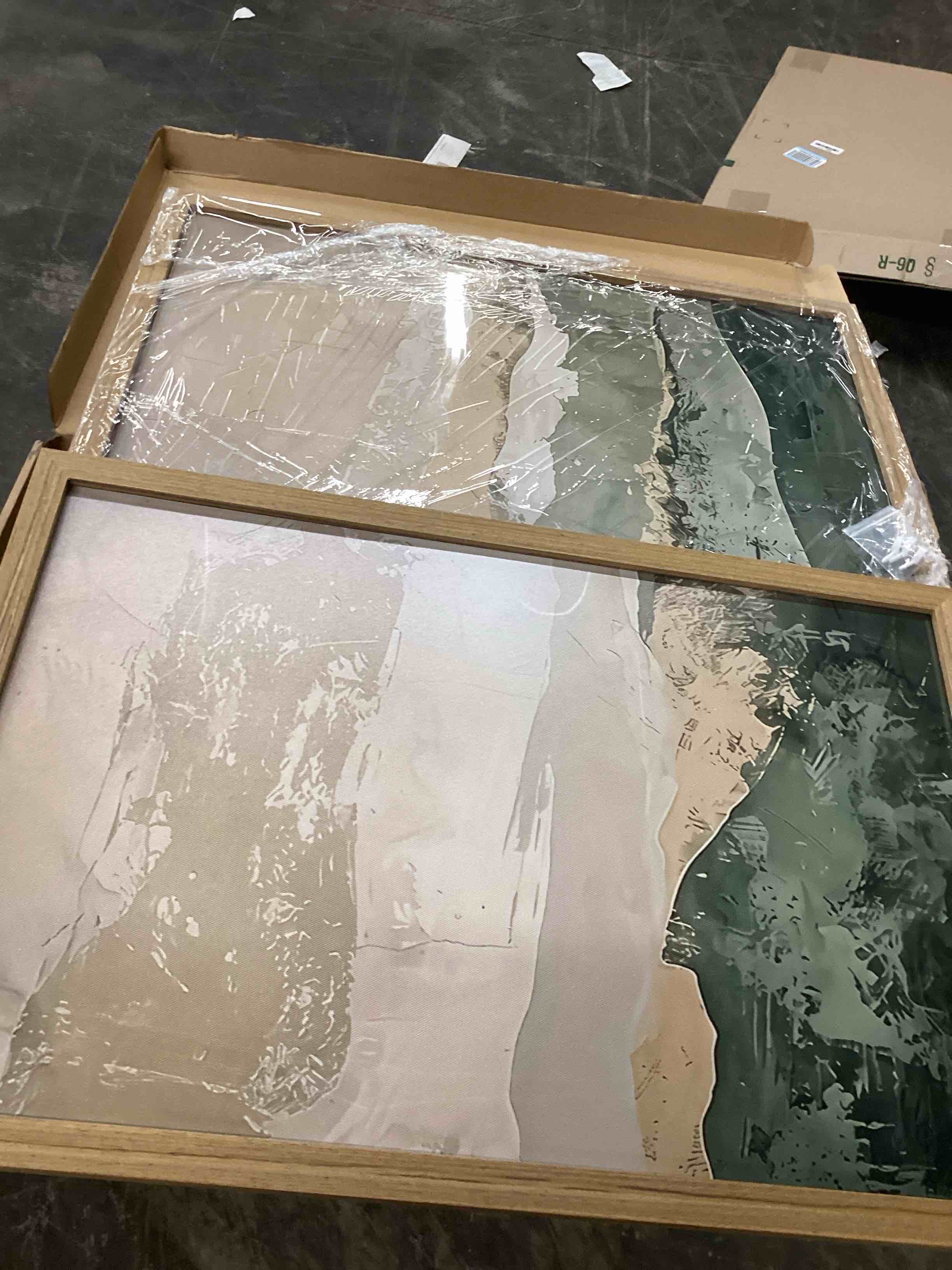 Condition photo showing Good Condition for Framed 2Pcs Vintage Abstract Wall Art Poster with Wood Frame Gray Green Earth Tone Landscape Canvas Prints Neutral Art Minimalist Modern Calming Decor for Living Room Bedroom Office16x24 Inches