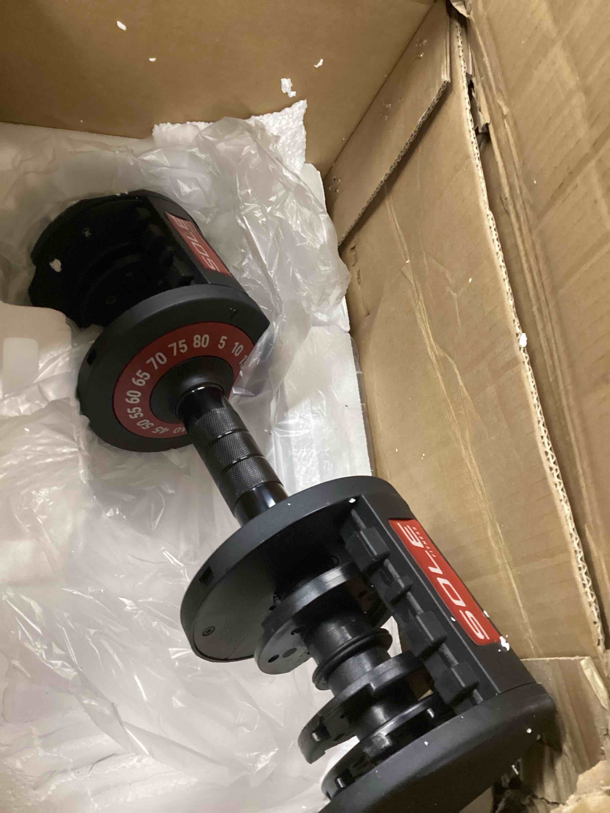 Condition photo showing As Is for SOLE Fitness Adjustable Dumbbells SW180, Versatile Space-Saving Equipment - Adjustable Weights from 5lbs to 80lbs - Tone and Strengthen (incomplete) 1Pcs) 