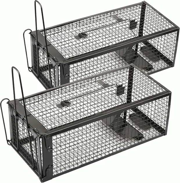  2-Pack Rat Traps Humane Live Mouse Vole Chipmunk Trap Cage for Indoors and Outdoors (Black) 