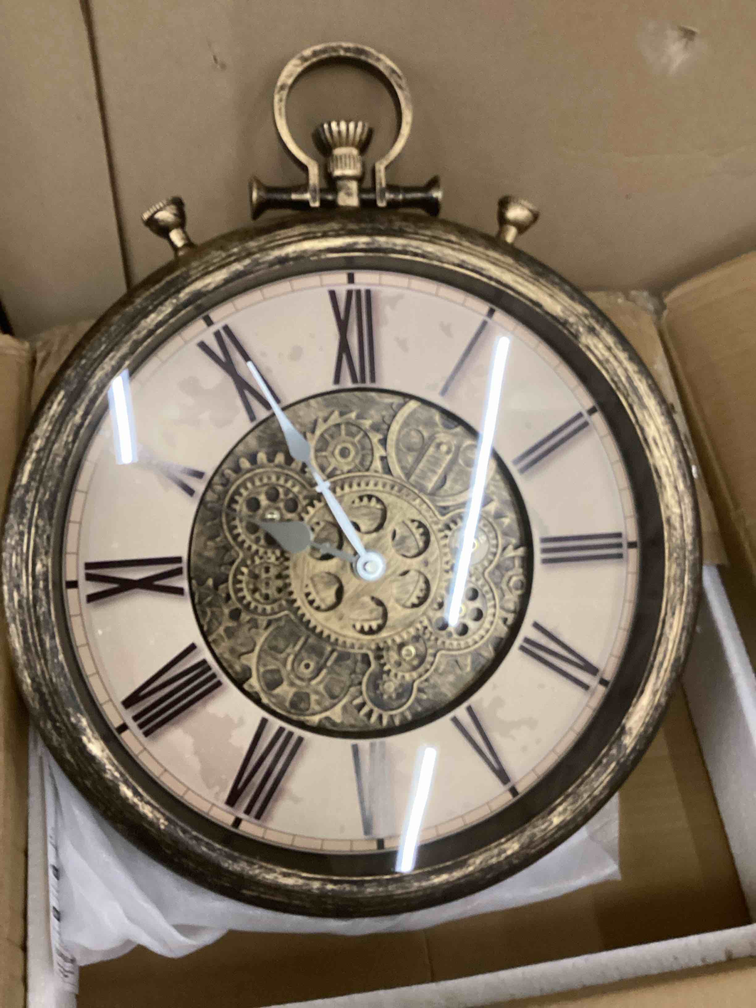 Condition photo showing New/Like New for timess 15 Inch Wall Clock with Real Moving Gears, Industrial Steampunk Vintage Wall Decor, Antique Metal Big Numeral Wall Clocks for Office Kitchen Study Room Living Room (Bronze)