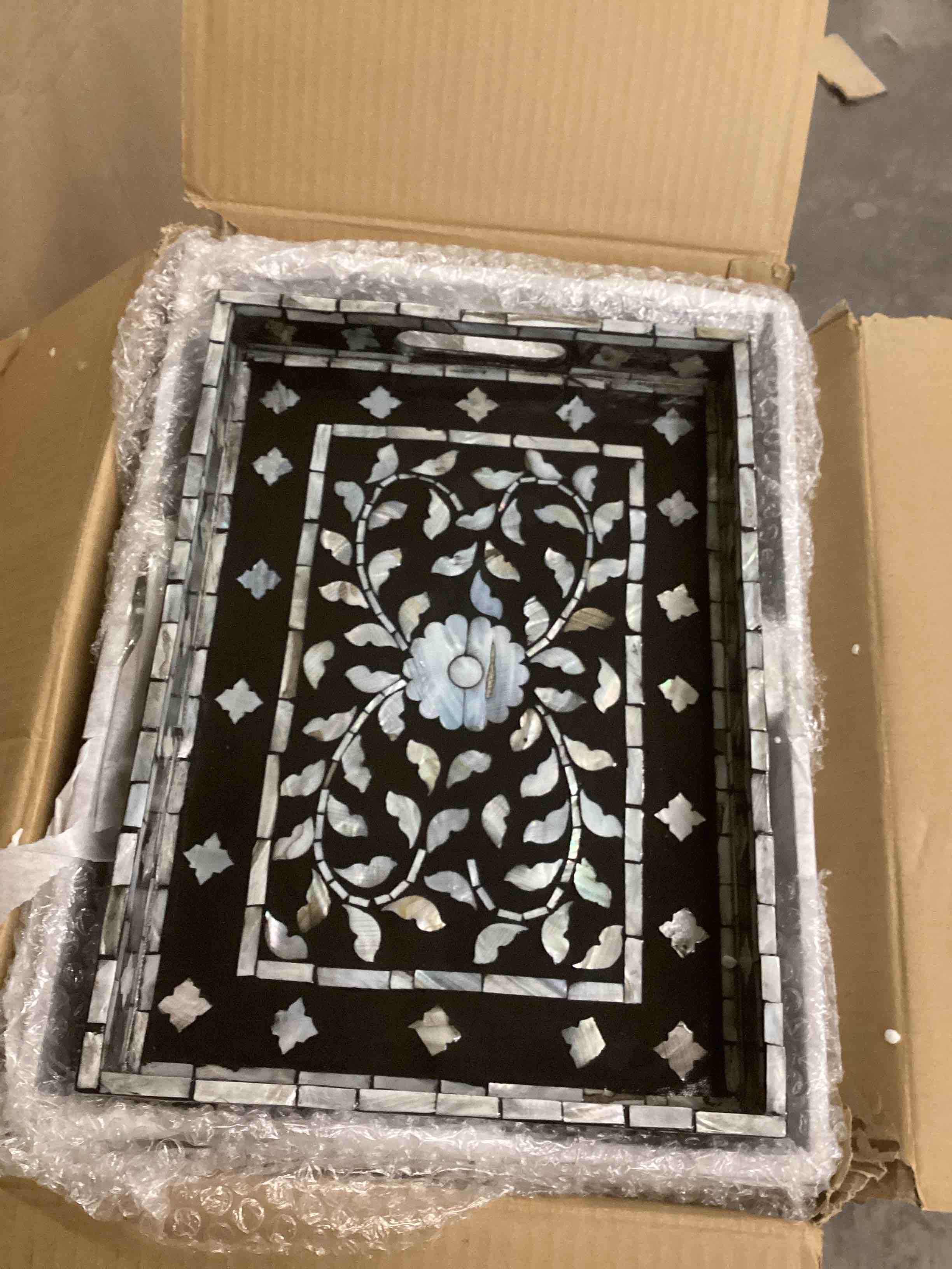 Condition photo showing New/Like New for Rectangular Mother of Pearl Serving Tray, Handmade Ottoman Decorative Shell Tray with Handles for Fruit Bread Tea Breakfast Coffee Table Party Home Decor (Black Wicker Butterfly) set of 2 