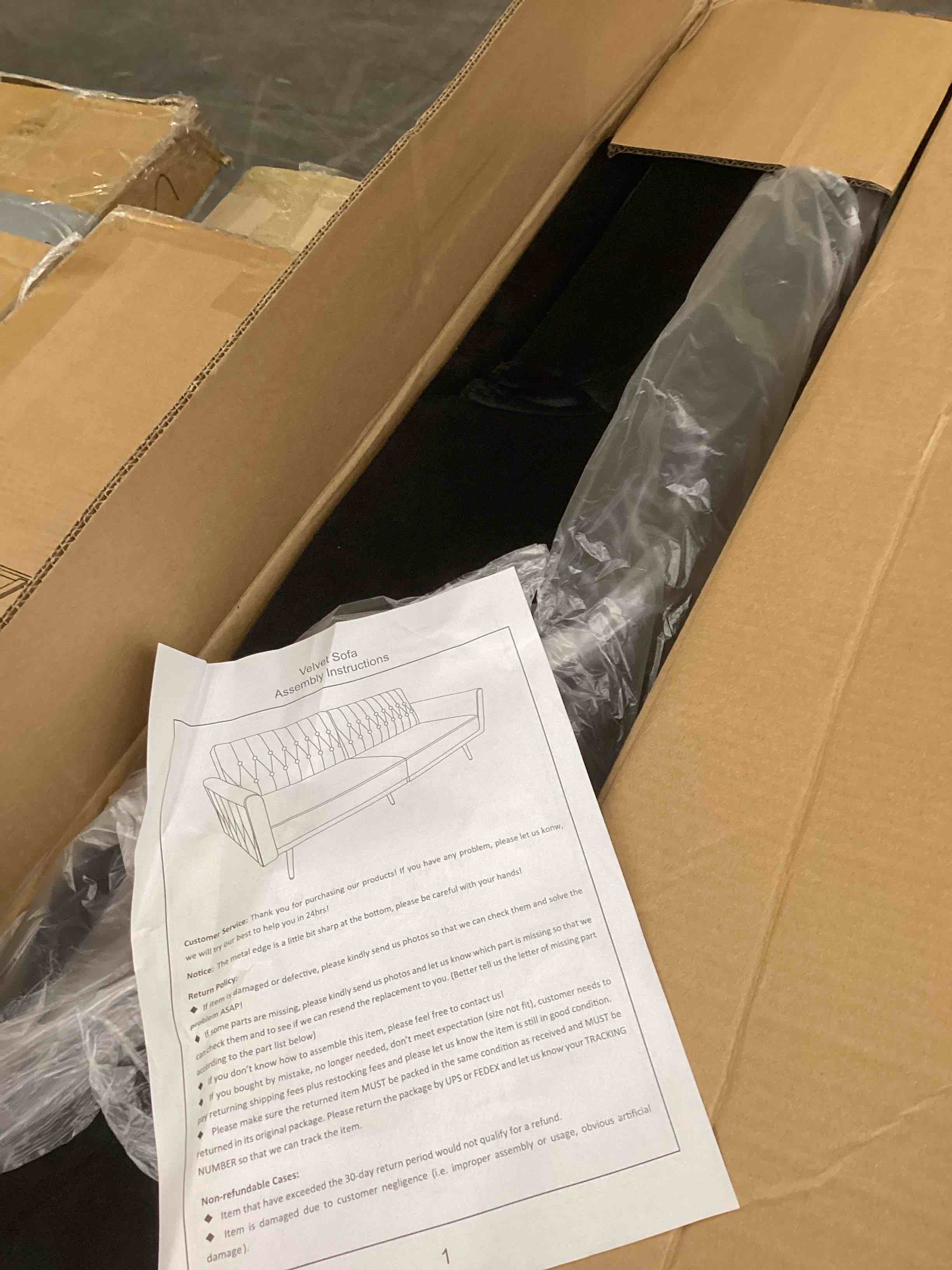 Condition photo showing Good Condition for 70” Velvet Futon Sofa Bed with 2 Pillows and Adjustable Armrests, Convertible Sleeper Bed W/Adjustable Backrests, Modern Loveseat for Living Room, Bedroom, Black (incomplete box A only)