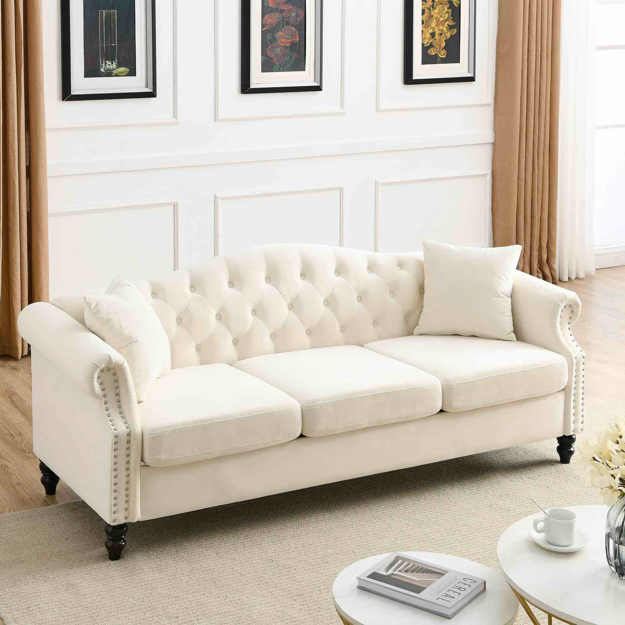 chesterfield upholstered velvet sofa, 3 seater button tufted couch with nailhead arms for living room bedroom office apartment (incomplete box #2 only 