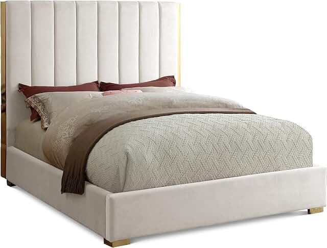Meridian Furniture ViaCream-K Via Collection Modern | Contemporary Velvet Upholstered King Bed, Rich Cream , Deep Channel Tufting, Gold and Chrome Legs, 81.5" W x 86" D x 70.5" H, Cream (incomplete one box of two only)