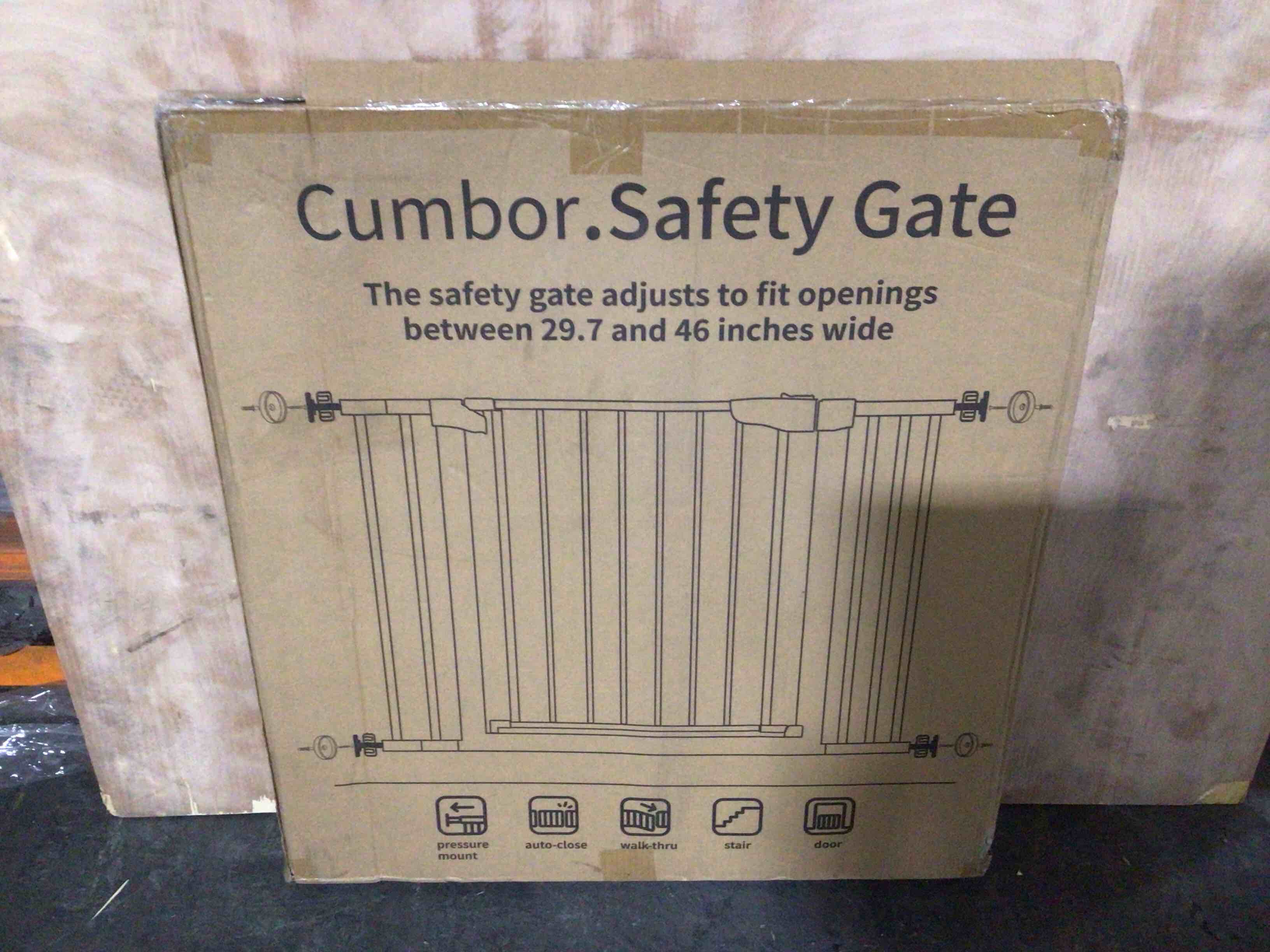 Condition photo showing New/Like New for Cumbor 29.7-46" Baby Gate for Stairs, Toddler Safety Essentials for The House, Auto Close Dog Gate for Doorways, White