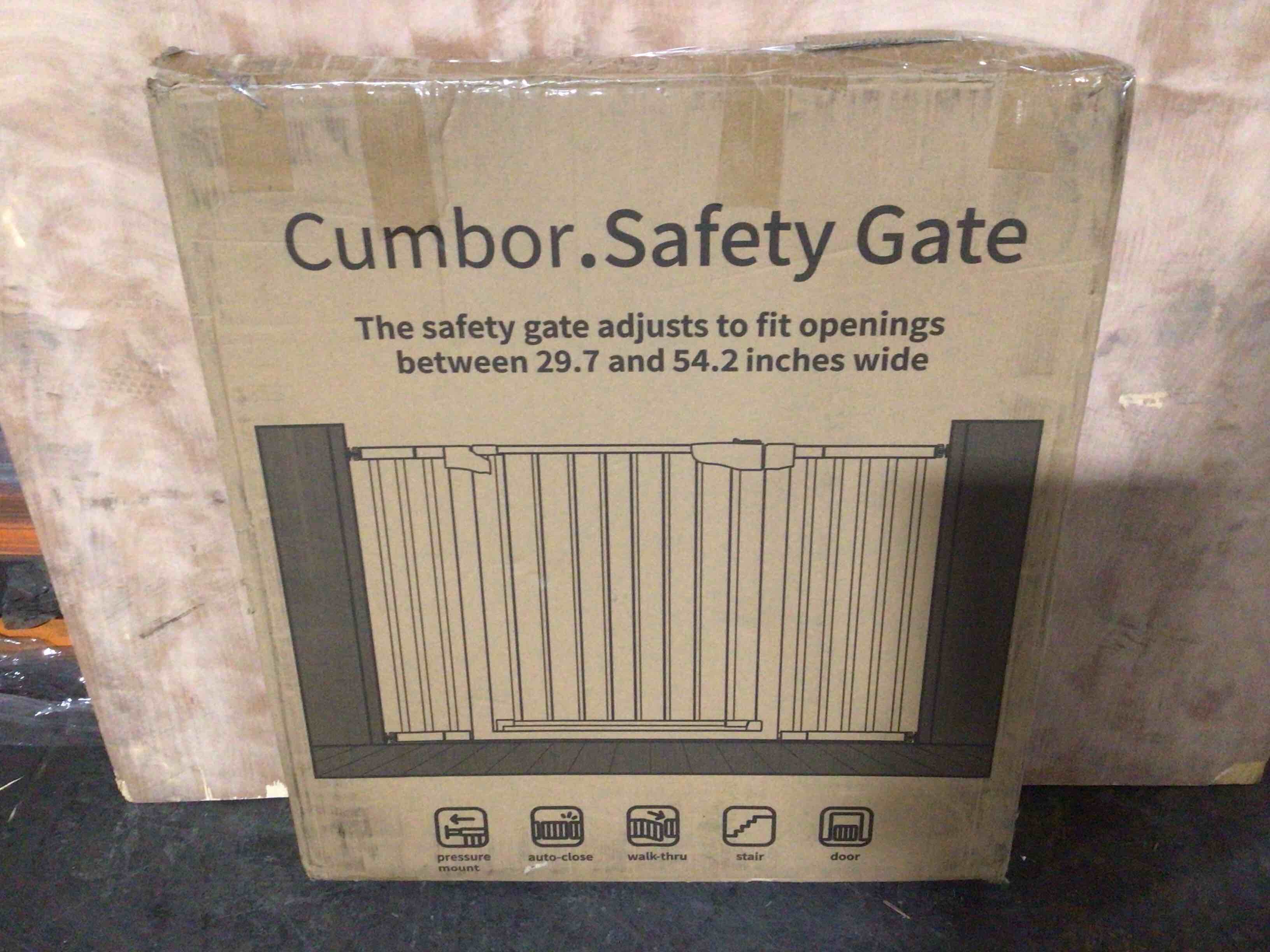 Condition photo showing New/Like New for Cumbor 29.7-54.2" Wide Baby Gate for Stairs, Mom's Choice Awards Winner-Self Closing Dog Gate Indoor for Doorways, No Drilling Pressure Mounted Pet Gates for Kids, Easy Walk Through Safety Gate, Brown