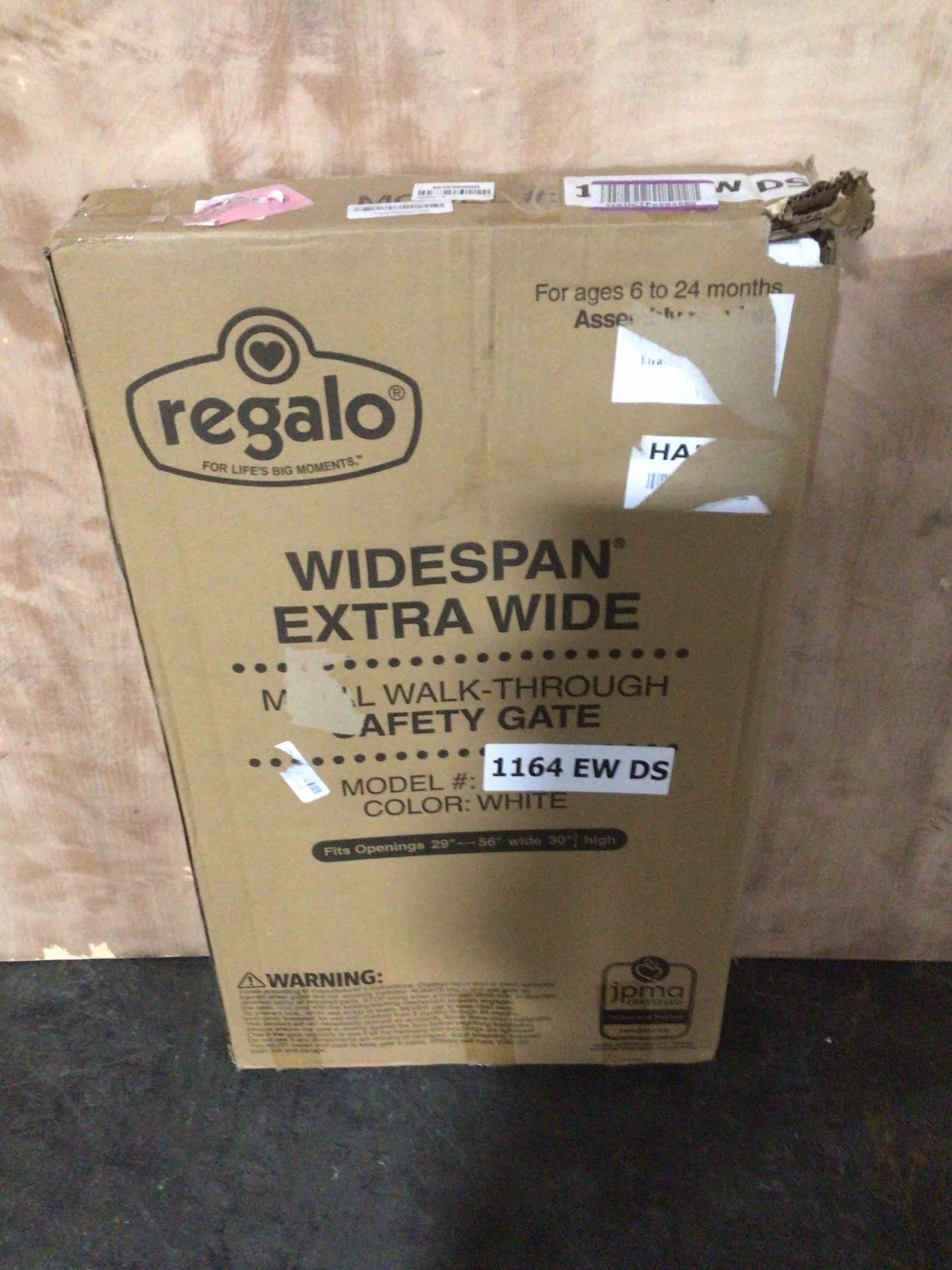 Condition photo showing New/Like New for Regalo 56-Inch Extra WideSpan Walk Through Baby Gate, Includes 4-Inch, 8-Inch and 12-Inch Extension, 8 Piece Set - 4 Pack of Pressure Mounts and 4 Pack of Wall Cups and Mounting Kit, White