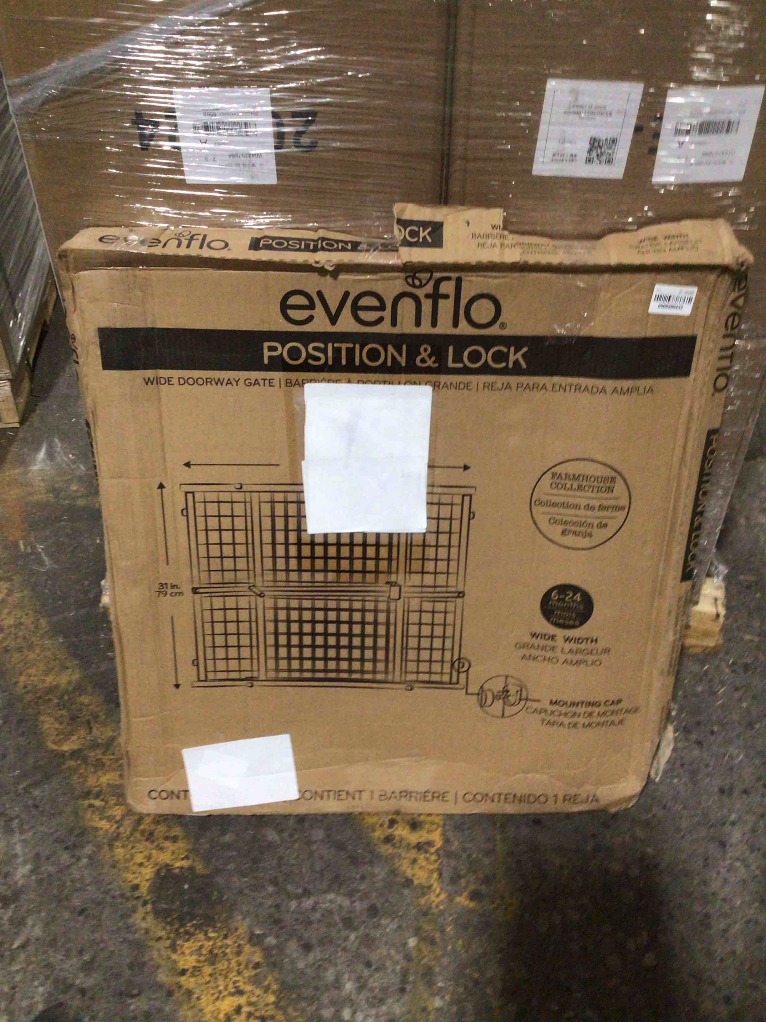 Condition photo showing As Is for Evenflo Position & Lock Tall and Wide Value Adjustable Baby Gate  Locking Latch  For Use with Infants  Toddlers & Pets  31  - 50   Farmhouse Collection
