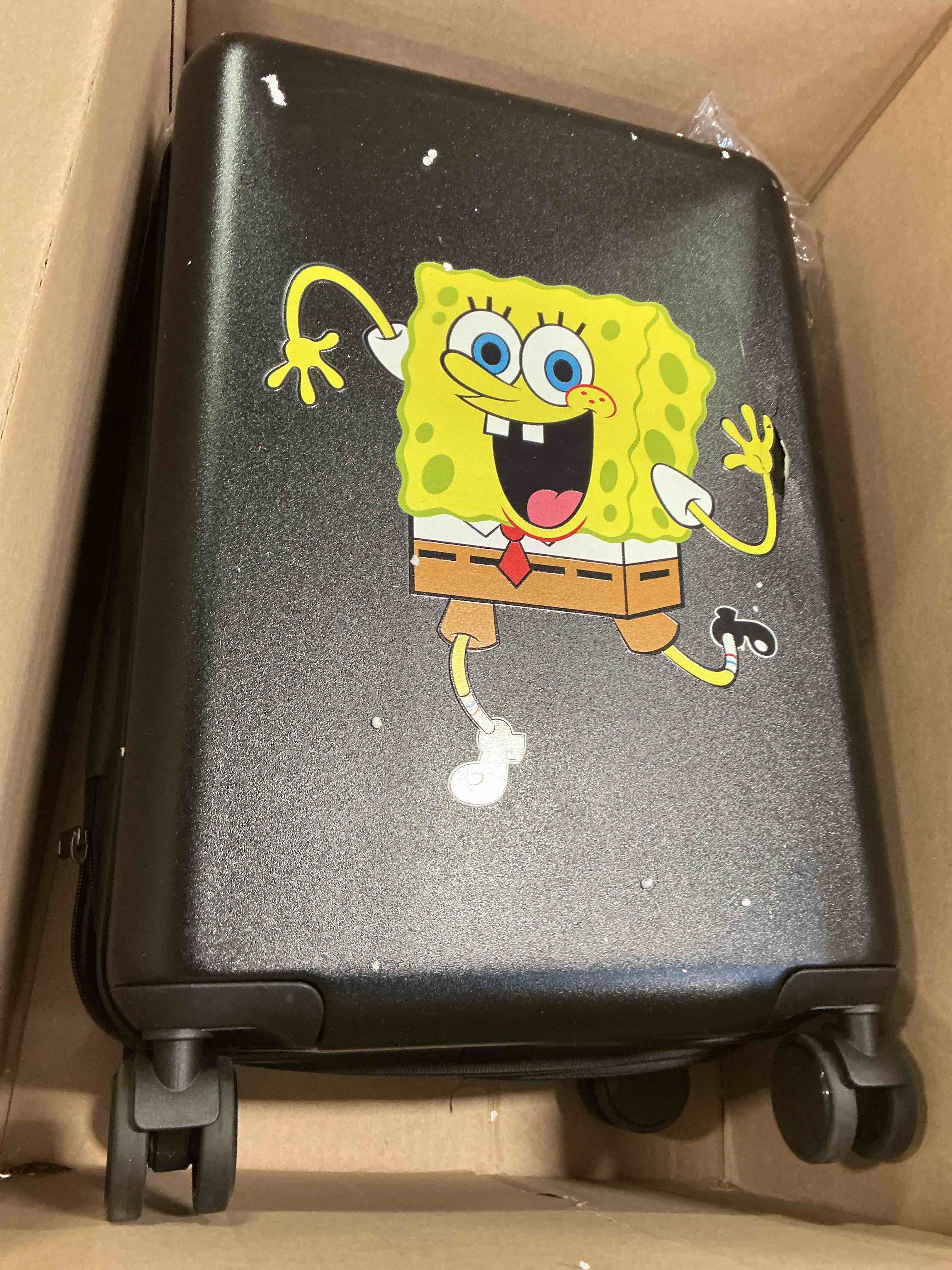 Condition photo showing As Is for FUL SpongeBob SquarePants 22.5 Inch Carry On Luggage, Hardshell Rolling Suitcase with Spinner Wheels, Black