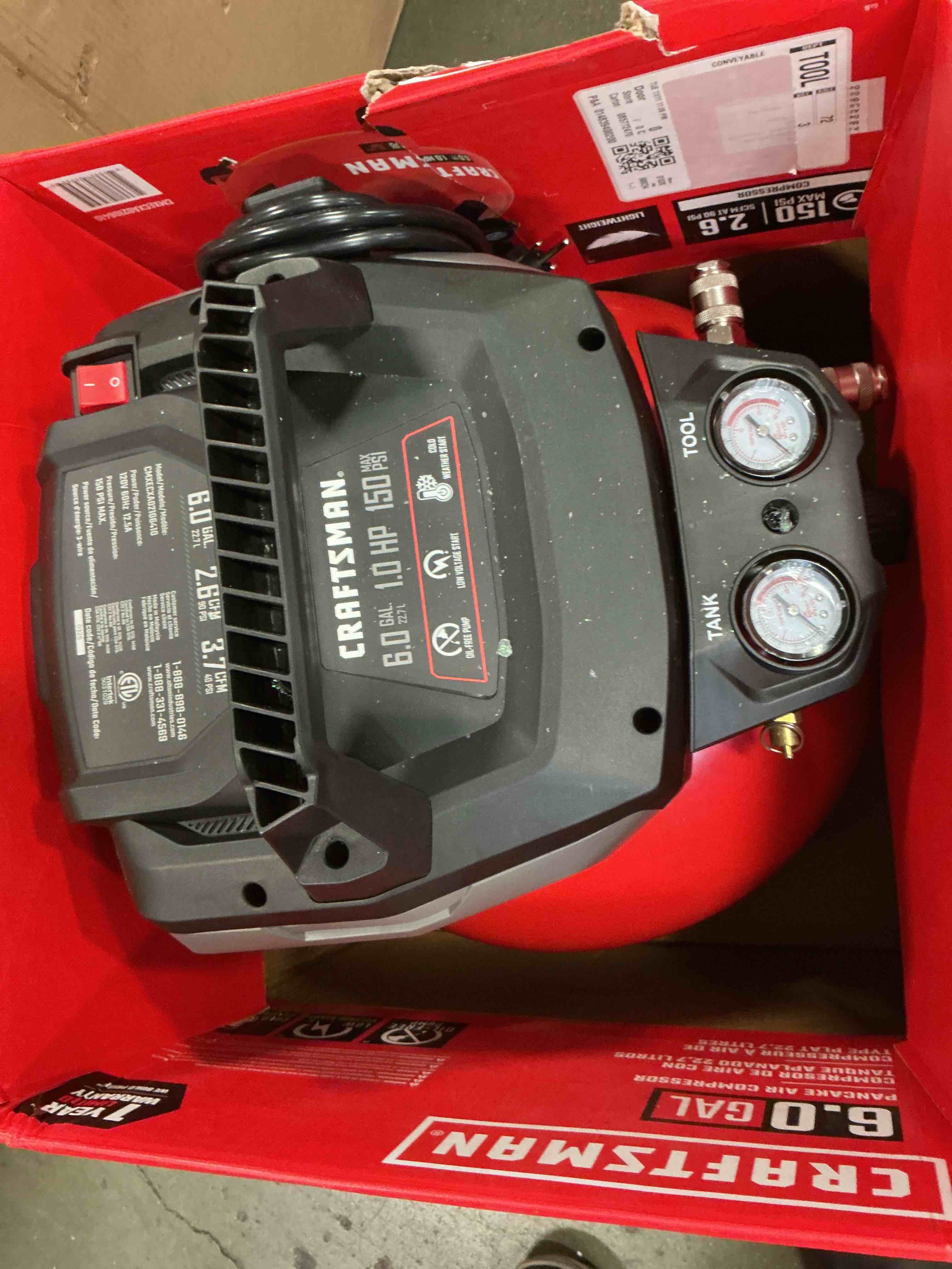 Condition photo showing As Is for Craftsman 6-Gallon Portable Electric 150 PSI Pancake Air Compressor