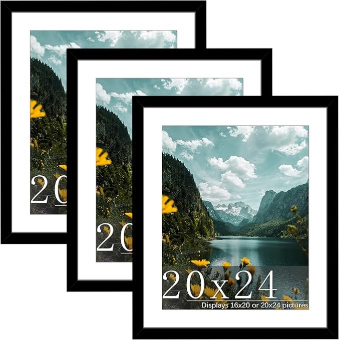 Picrit 20x24Picture Frame 3 Pack, Black Poster Frame, Display Poster 20x 20 with Mat or 24x24 Without Mat for Horizontal or Vertical Wall Mounting