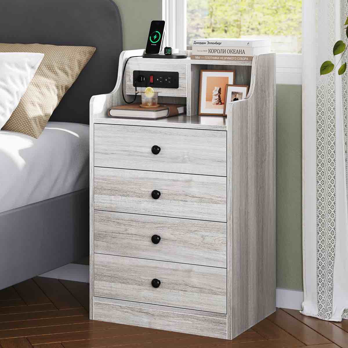 Nightstand With Charging Station, Night Stand For Bedroom,end Table With Hutch And 4 Drawers