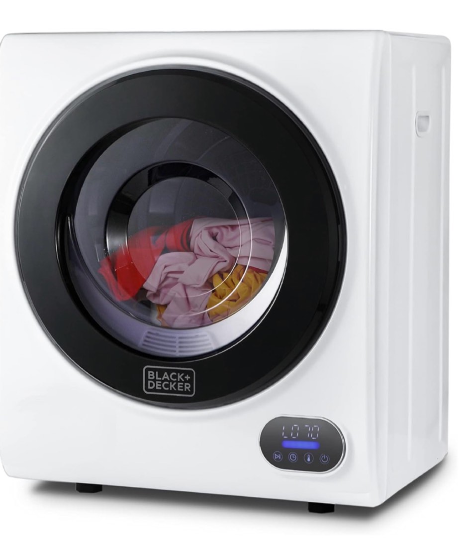 black+decker - 1.5 cu.ft. stackable smart electric dryer with standard wall outlet - white