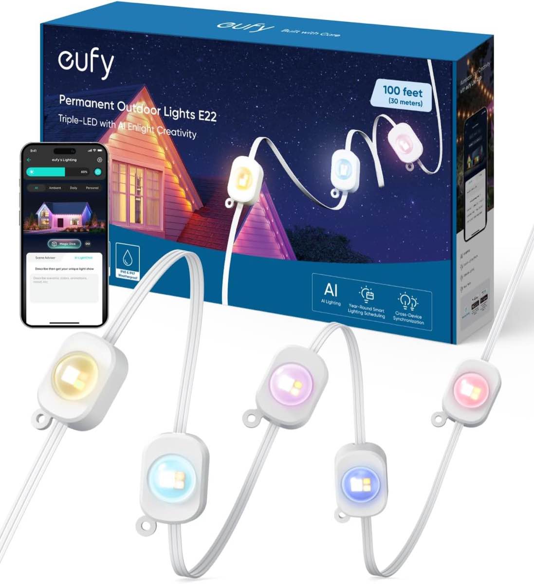 eufy permanent outdoor lights e22, 100ft with 60 triple-led lights, smart rgbww for christmas, daily and holiday, up to ip67 waterproof, ai themes for christmas decorations, links with cameras