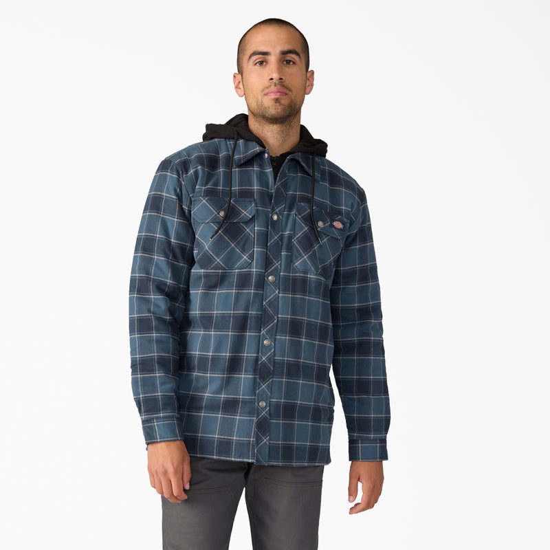 water repellent flannel hooded shirt jacket, size large 