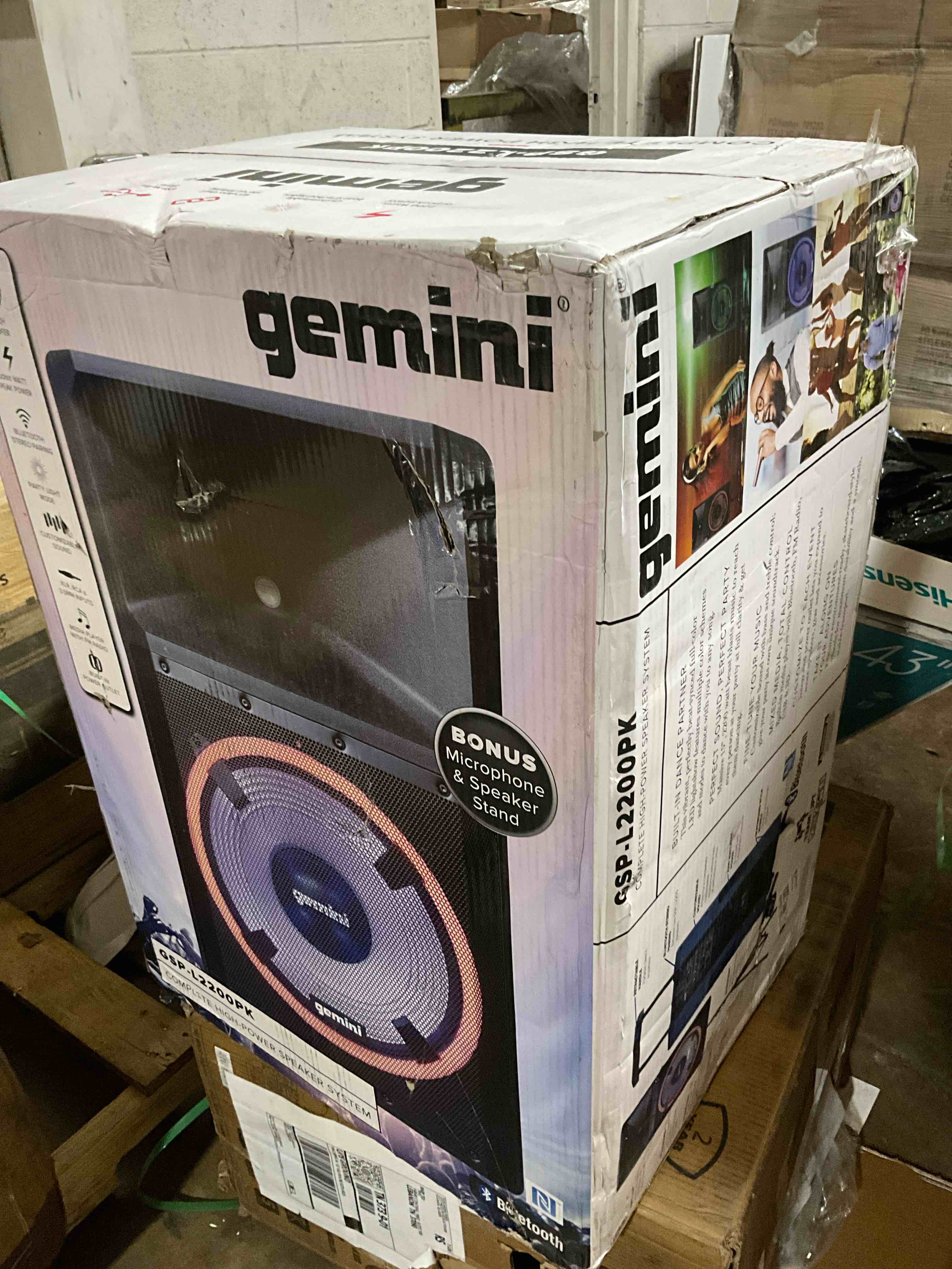 Condition photo showing New/Like New for Gemini Sound GSP-L2200PK 2200W Bluetooth PA Speaker System  15  Woofer  TWS  LED Party Lights  Mic+Stand  DJ/Events Ready