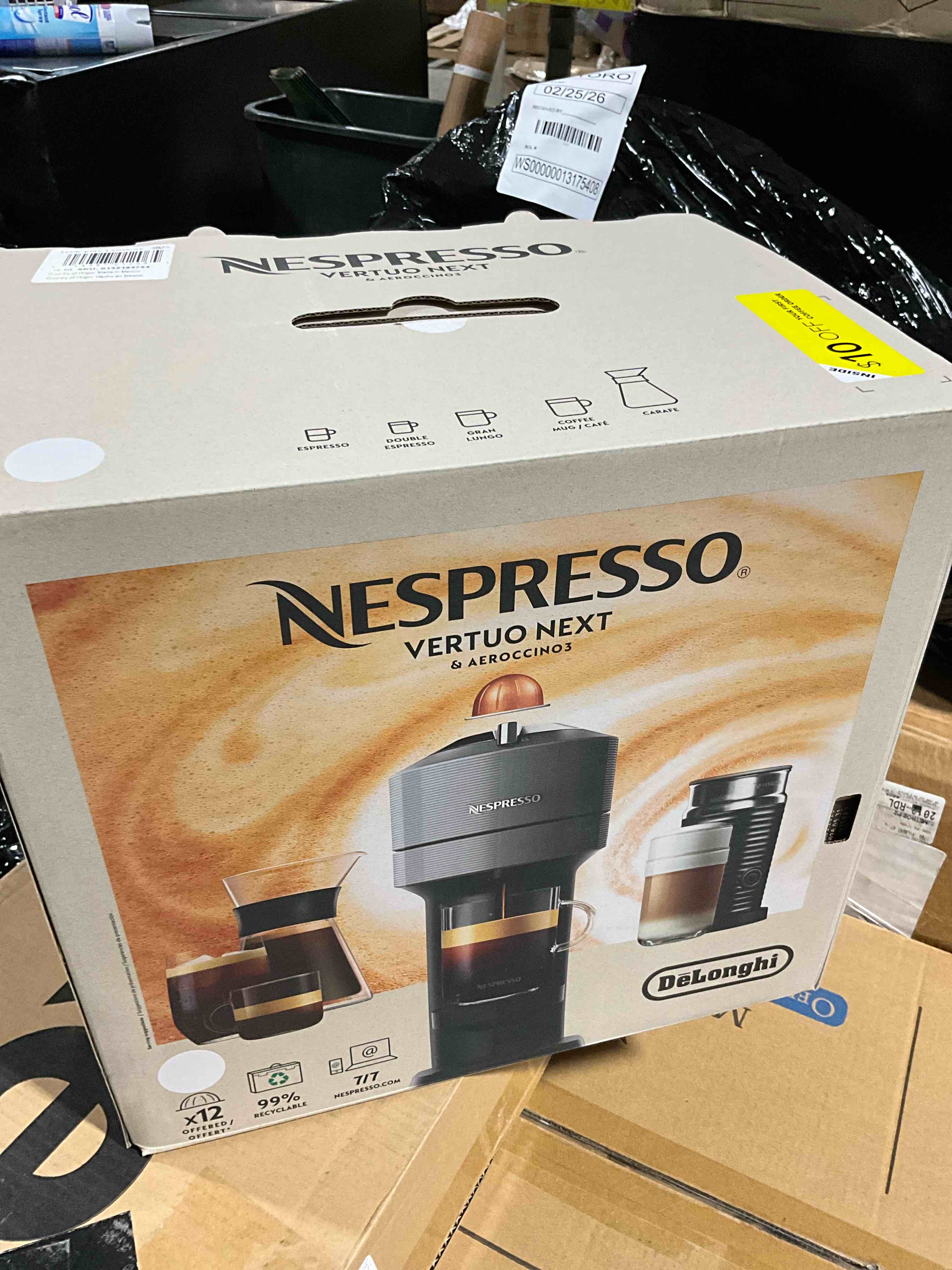 Condition photo showing New/Like New for Nespresso Vertuo Next Coffee Maker and Espresso Machine by DeLonghi with Milk Frother White: Automatic Shut-Off, 16 Capsules