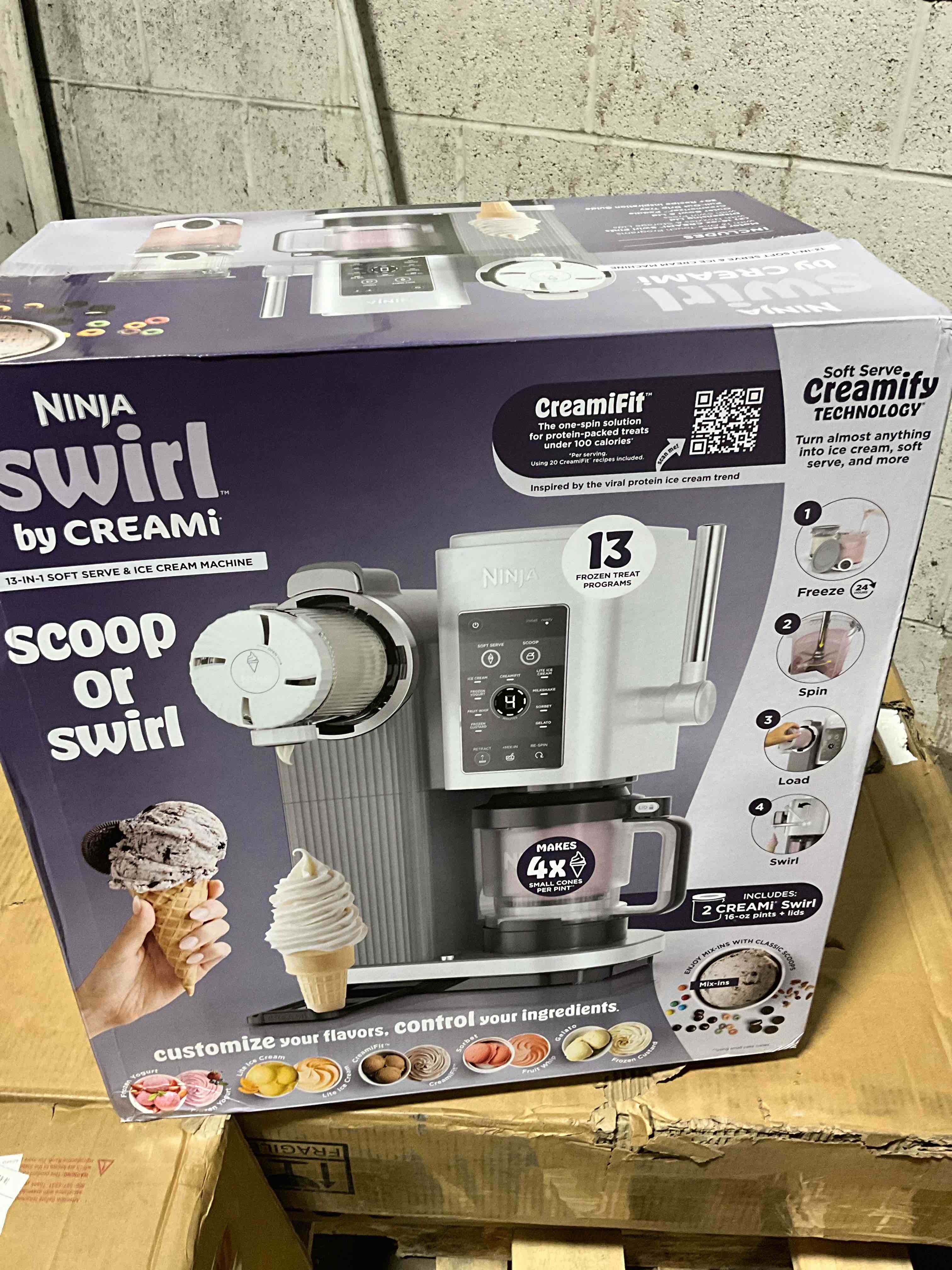 Condition photo showing New/Like New for Ninja Swirl by CREAMi Ice Cream and Soft Serve Maker, Sorbet, Milkshake, Frozen Yogurt, Low Calories Program & More, 13-in-1, Soft Serve Handle, (2) CREAMi Swirl 16oz Pints, For Kids & ALL ages, NC701