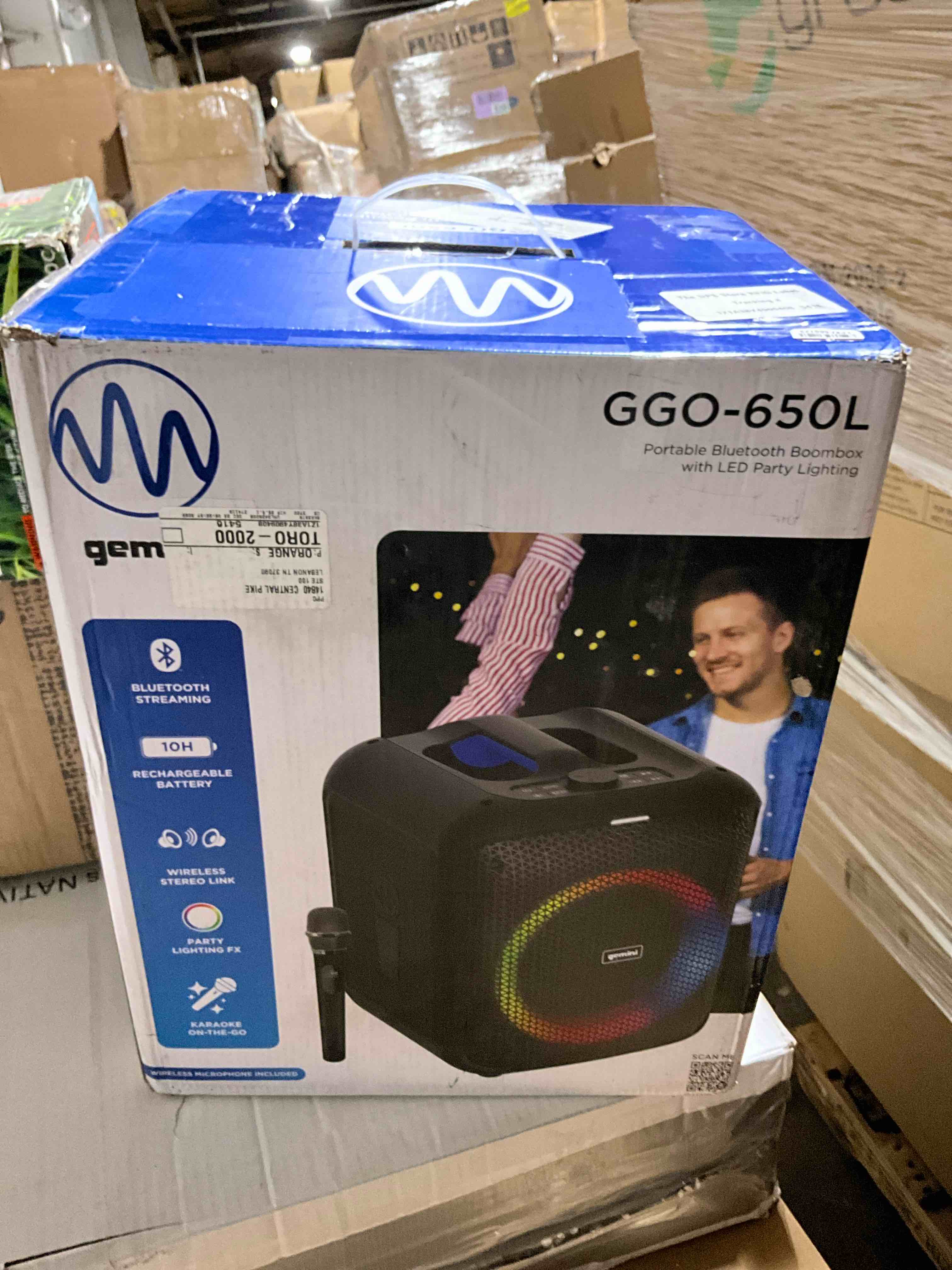 Condition photo showing New/Like New for Gemini GGO-650L 100W 6.5-inch High-Power Portable Bluetooth Speaker with Dynamic LED Party Lights  Wireless Microphone  USB Playback  FM Radio  TWS Function  and Karaoke Features