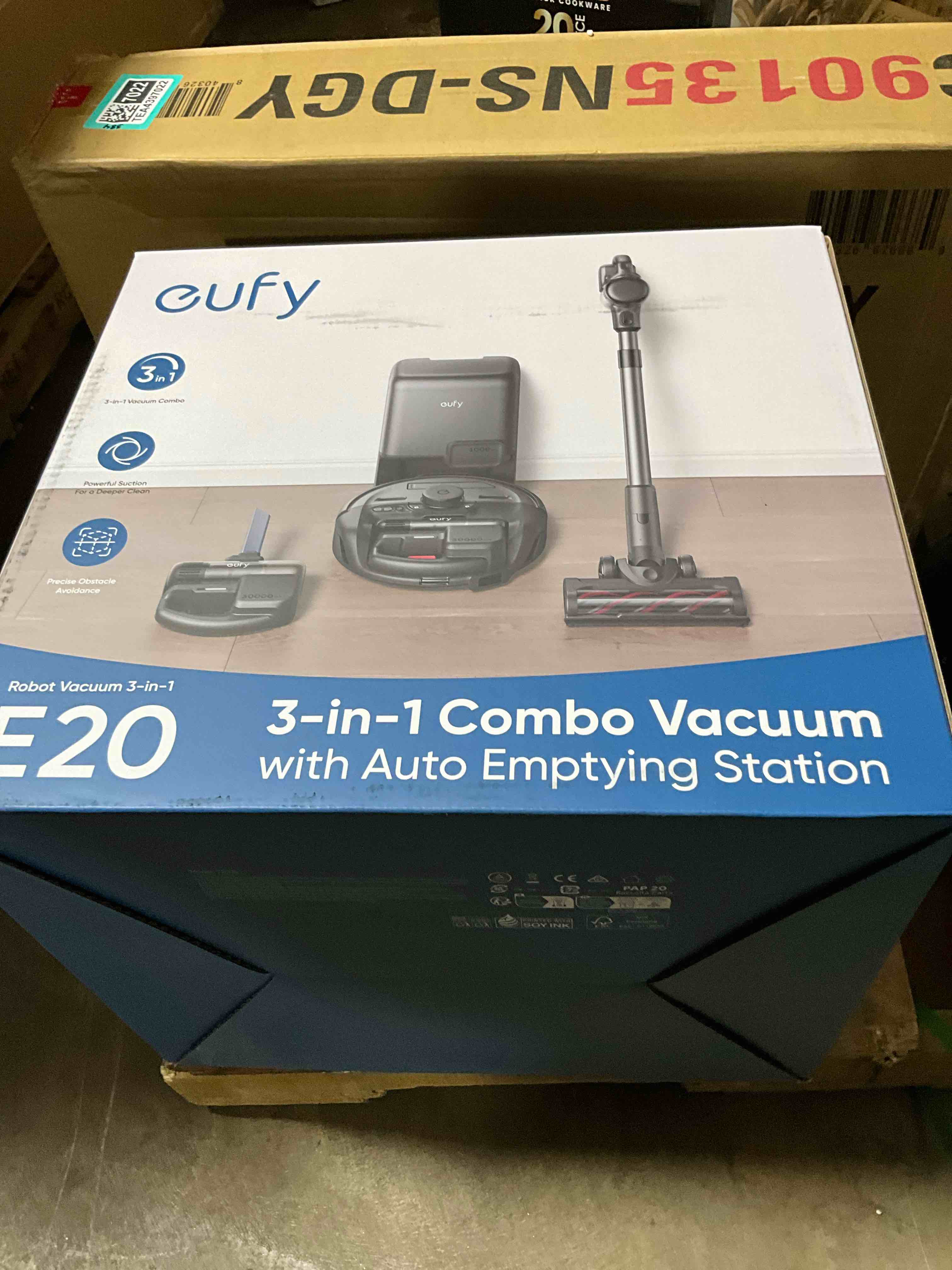Condition photo showing New/Like New for eufy - E20 3-in-1 Wi-Fi Connected Robot Vacuum with Auto Emptying, Powerful Max 30,000 pa and Precise Obstacle Avoidance - Black