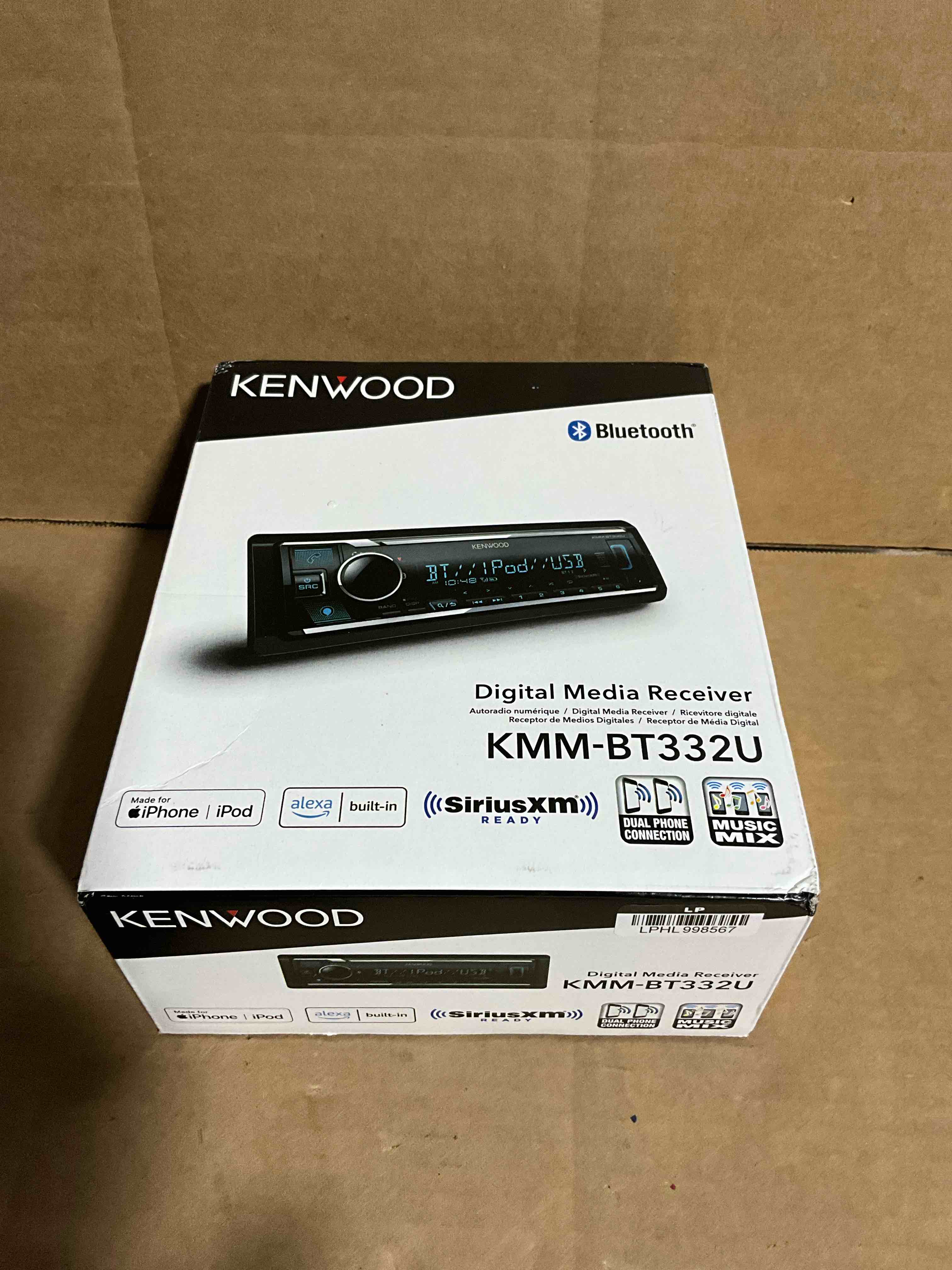 Condition photo showing New/Like New for KENWOOD KMM-BT332U Bluetooth Single DIN Car Stereo with USB Port, AM/FM Radio, MP3 Player, Multi Color LCD, Detachable Face, Built in Amazon Alexa, Compatible with SiriusXM Tuner