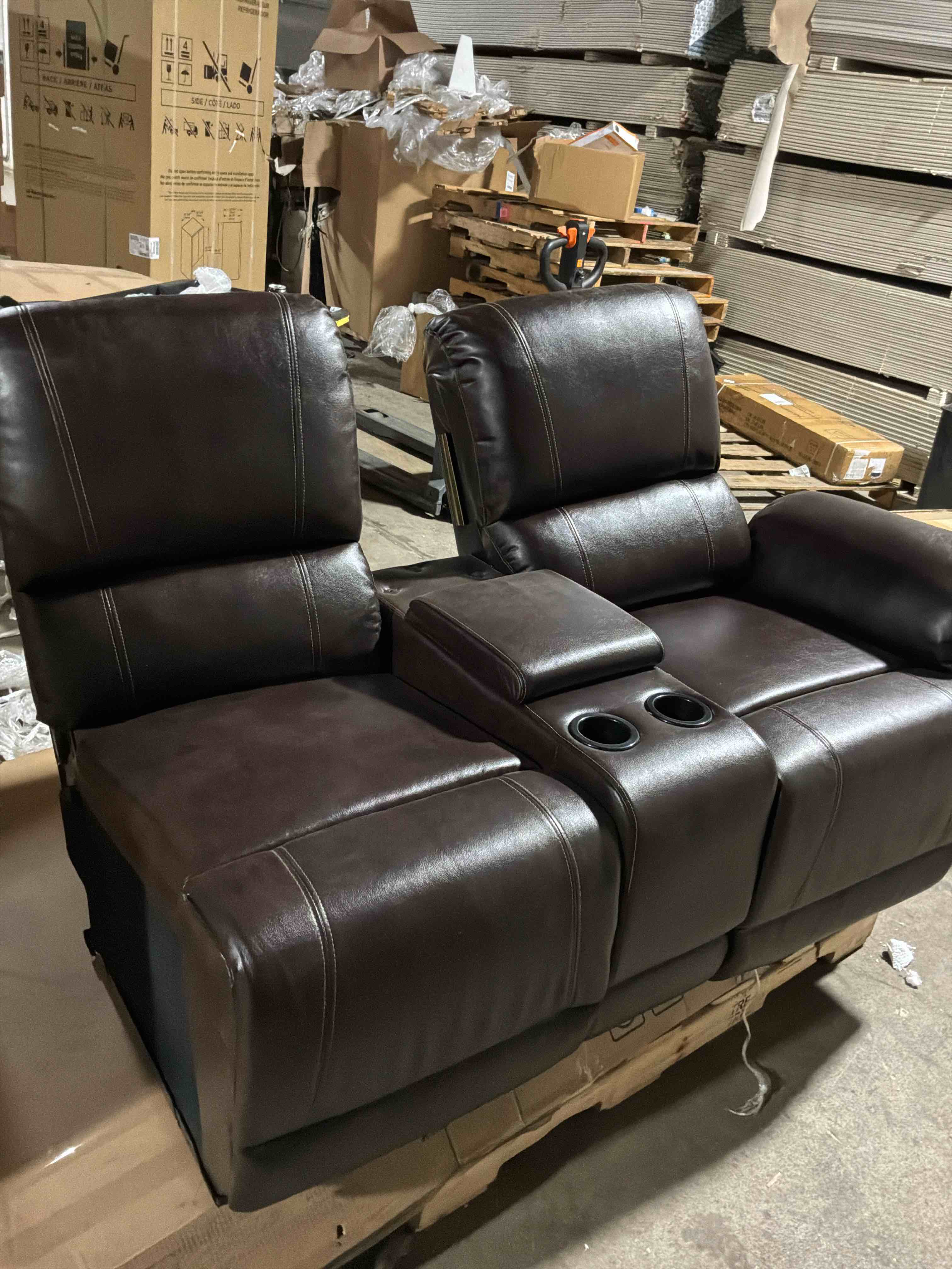 Condition photo showing Good Condition for Recliner Right Loveseat, Faux Synthetic Leather Couch Living Room 2-Seat Sofa Chair with Storage Box and Cup Holders for Apartment, Home and Office (Brown)