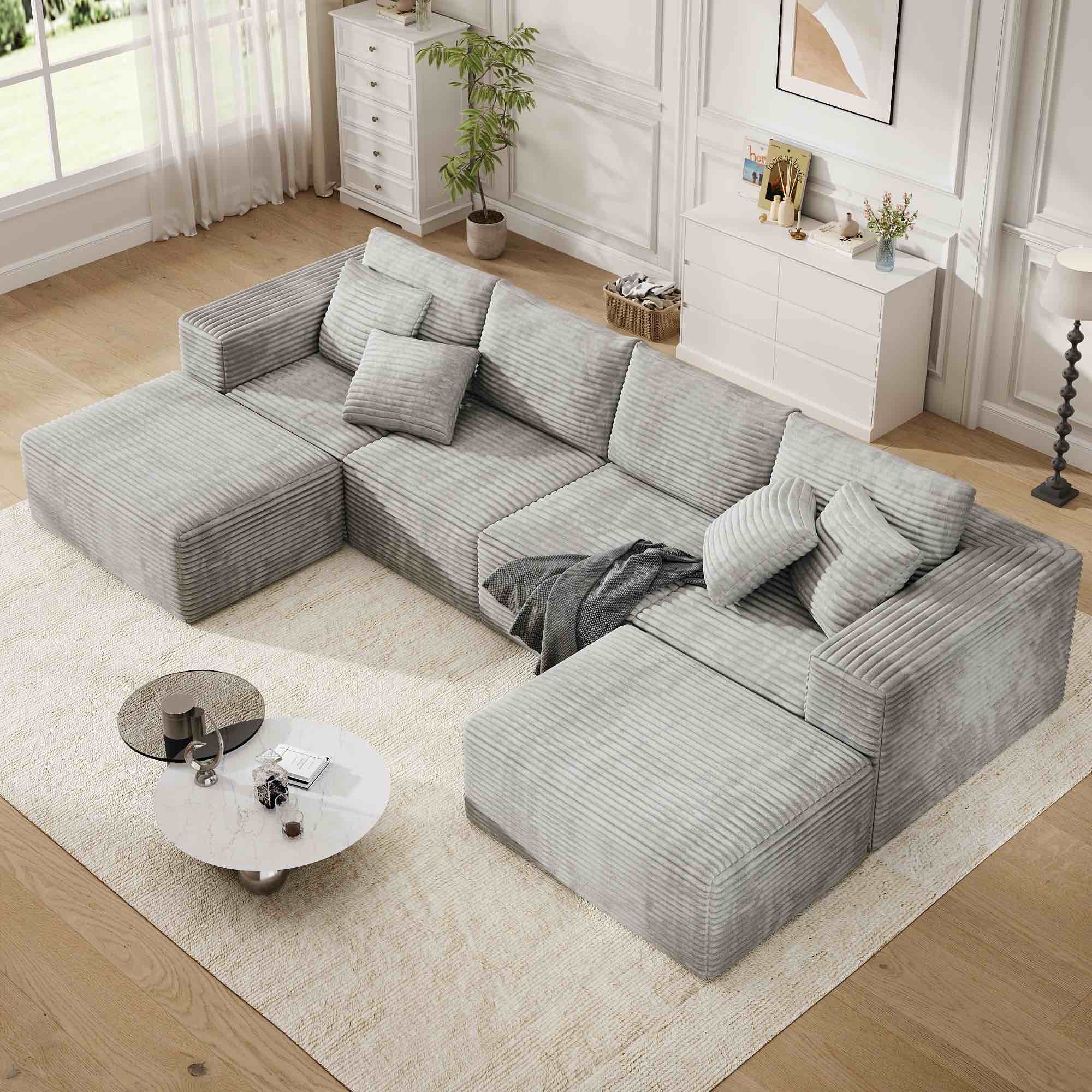 137" u-shaped sectional sofa with chaise, modular cloud sectional couch with deep seat for living room, modern boneless couch with back cushion, pillow, ottoman, no assembly required, corduroy fabric